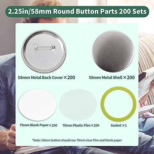 Mostme 200 Sets 2.25 inch Button Maker Supplies, 58mm Button Supplies Button Parts Button Badge Part, Button Making Supplies, Includes Metal Button Pin Back Cover, Metal Shells, Blank Paper&Clear Film