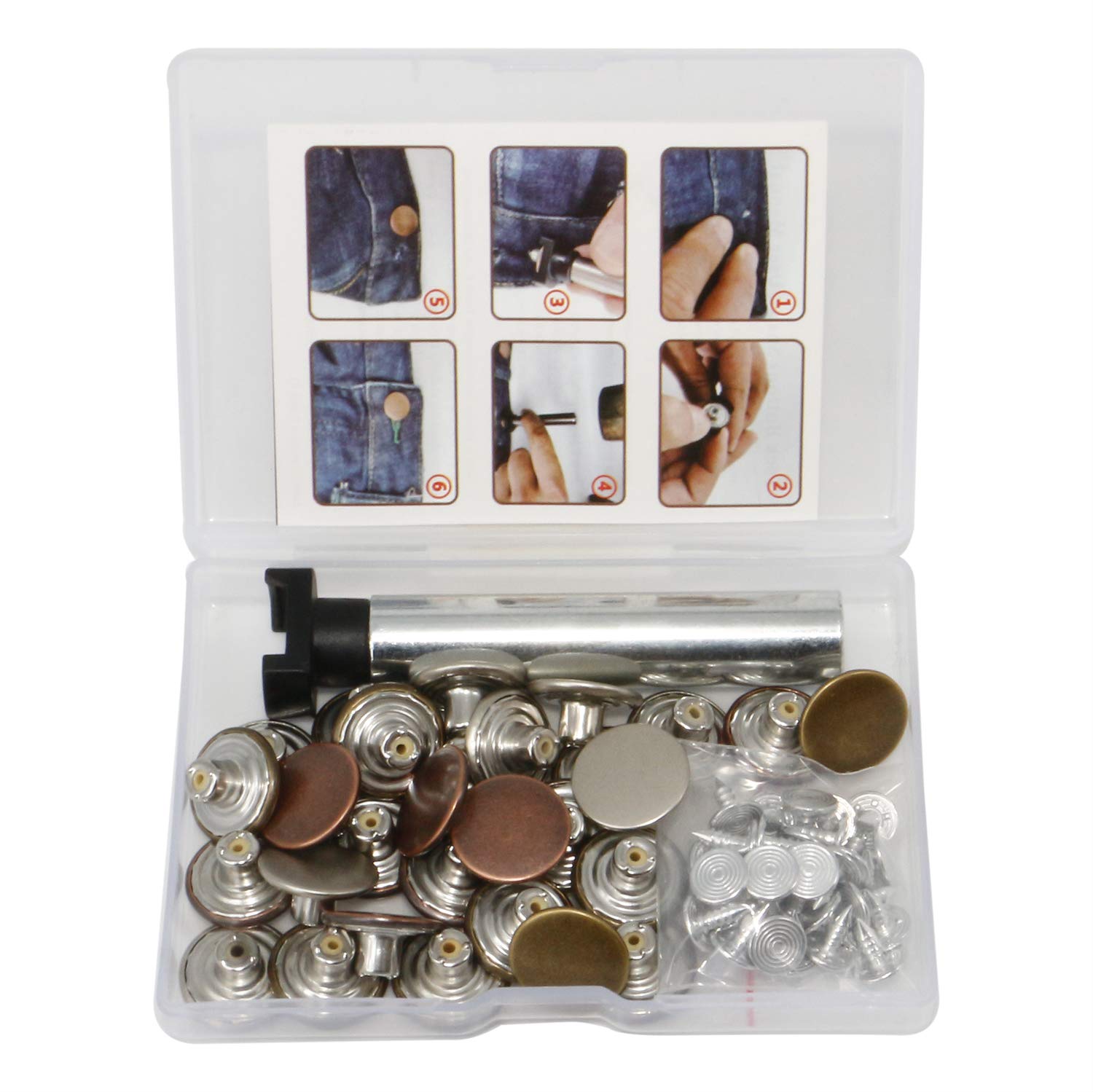 Jean Buttons Kit Metal Tack Buttons with Install Tools Jeans Button Replacement 30 Sets 17 mm for DIY Customize Jeans Jackets Pants Trousers Clothes and Garment, Jean Buttons for Jeans