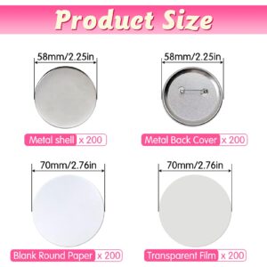 VCEPJH 200 Sets 58mm Button Maker Supplies 2.25 Inch DIY Blank Button Badge Parts Round Button Making Kit includes Metal Pin Back Cover Metal Shells Blank Paper & Clear Film