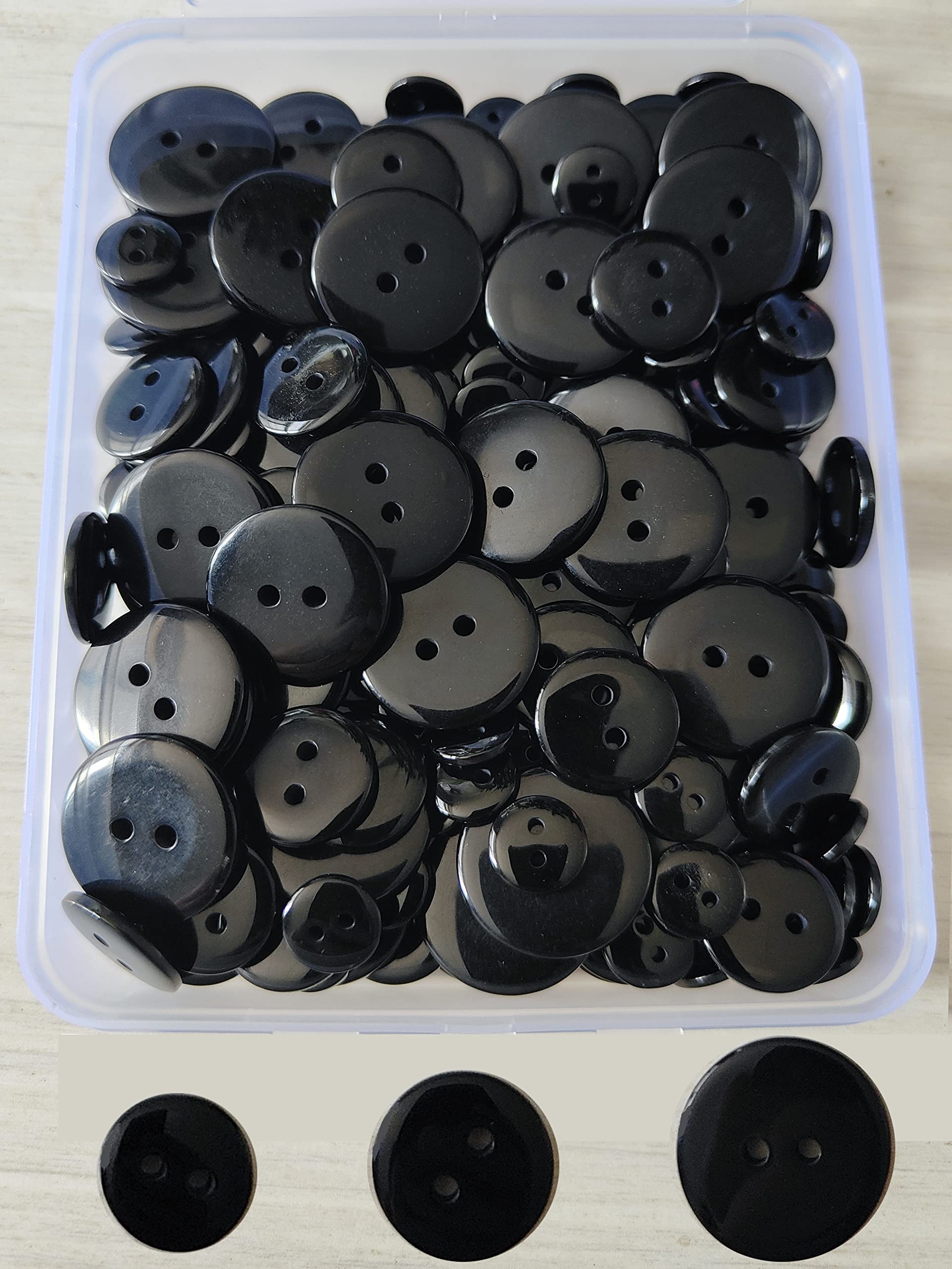 Black Button for Sewing-200 PCS Craft Assorted Shirt Jean Coat Buttons-2 Hole Large Snap Handmade Ornament Buckle with 3 Size for Clothing Pant Hat DIY Decoration-Round Resin Manual Sewing Clasp Kit