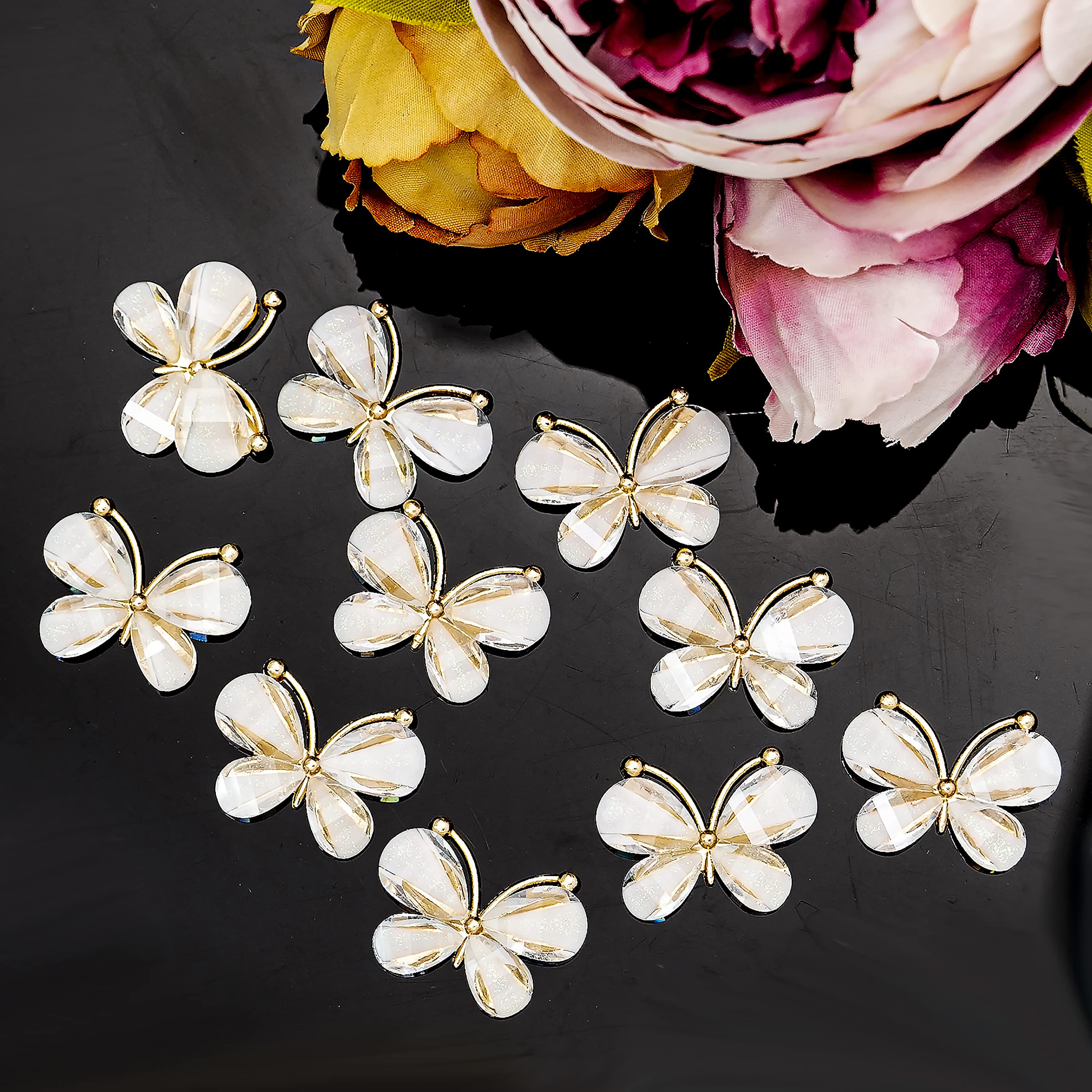 Builcker 50PCS Butterfly Head Ornament DIY Accessories Alloy Butterfly Transparent Shiny Acrylic Wings Flat Gold-plated Accessories For Home Buttons Clothes Shoes Hats Crafts Decor (White)