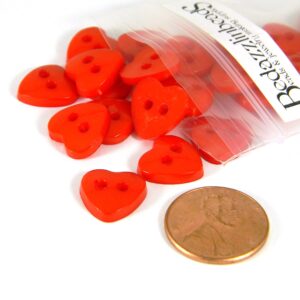 50 Bright Red 1/2 Inch (12mm) Plastic Acrylic Flat Heart Sewing Buttons with 2 Sew Holes