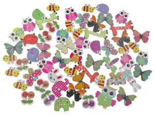 kinteshun wooden buttons natural wood 2-holed fastener buttons for sewing knitting handcraft(100pcs,assorted cartoon animals printing patterns)