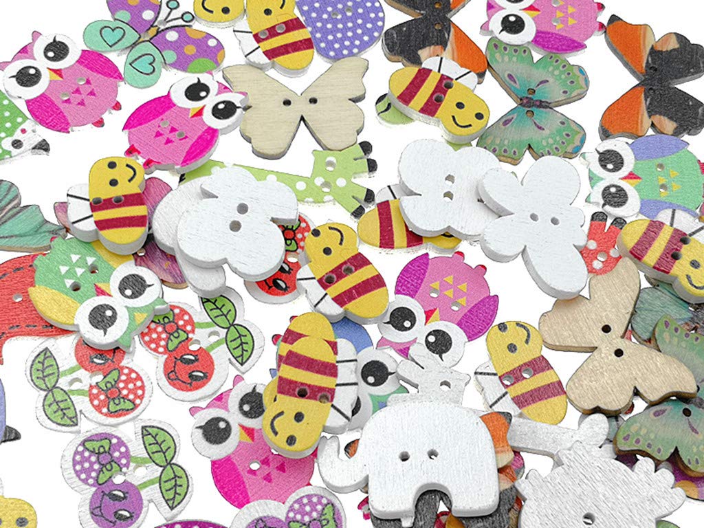 Kinteshun Wooden Buttons Natural Wood 2-Holed Fastener Buttons for Sewing Knitting Handcraft(100pcs,Assorted Cartoon Animals Printing Patterns)