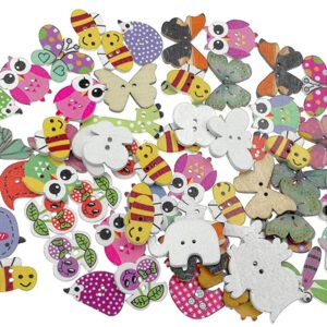 Kinteshun Wooden Buttons Natural Wood 2-Holed Fastener Buttons for Sewing Knitting Handcraft(100pcs,Assorted Cartoon Animals Printing Patterns)