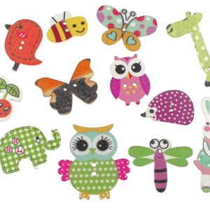 Kinteshun Wooden Buttons Natural Wood 2-Holed Fastener Buttons for Sewing Knitting Handcraft(100pcs,Assorted Cartoon Animals Printing Patterns)