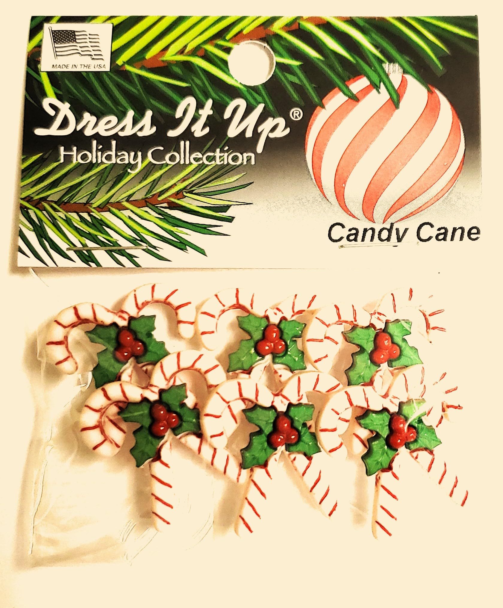 Candy Cane Buttons by Dress It Up Buttons and Embellishments - Holiday Collection, Red White & Green, 24mm