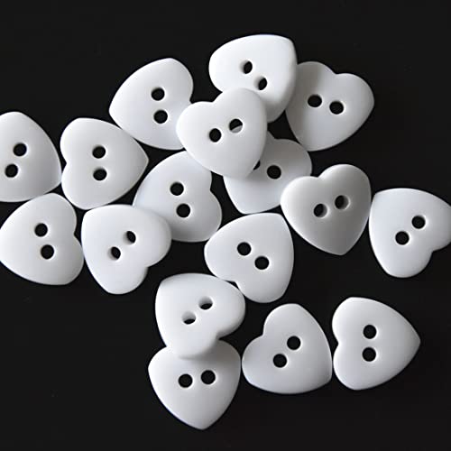 100Pcs Heart Shape Buttons DIY Handmade Craft Art Sewing Buttons White, Horizontal Eye Holes, 11.5mm