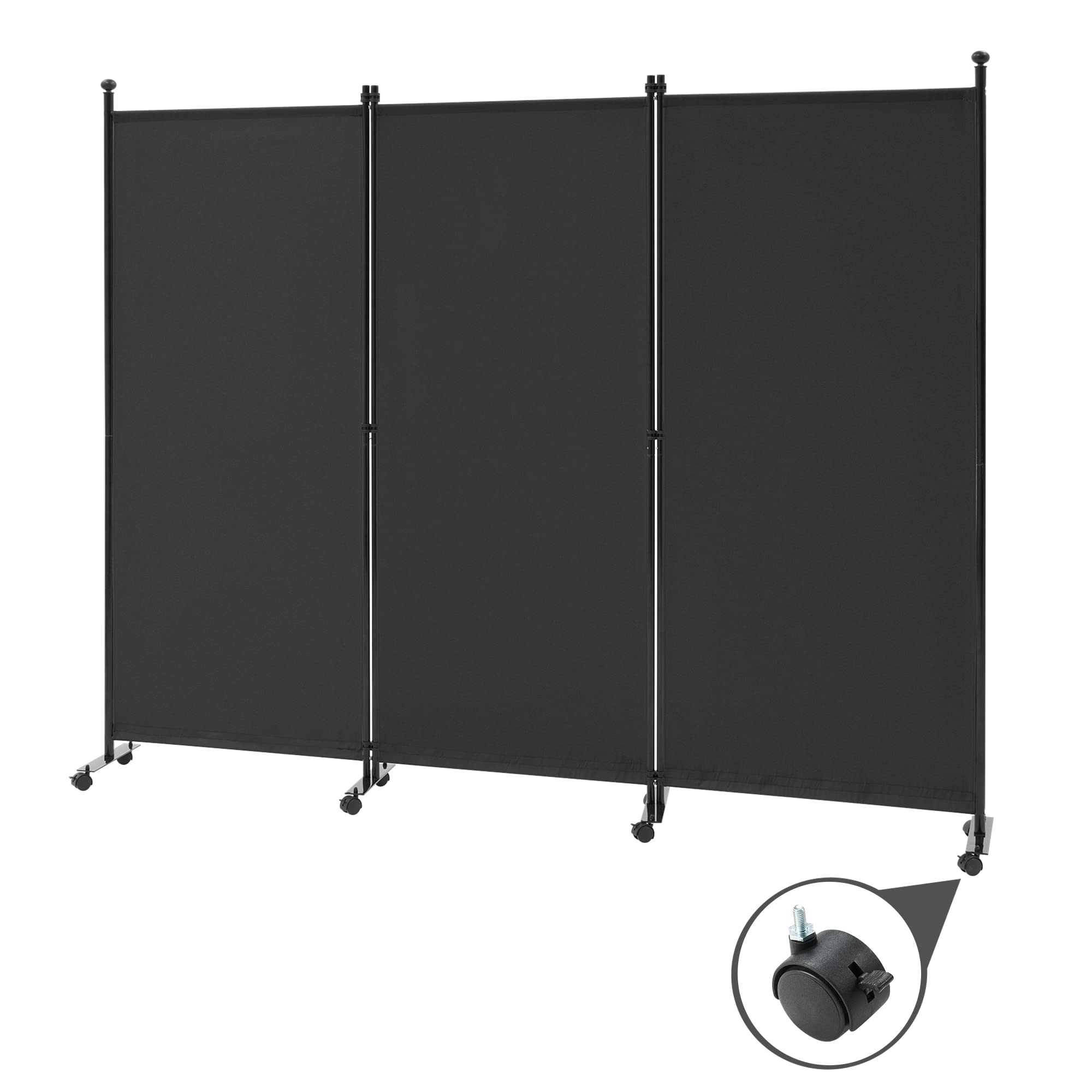 Spurgehom 3 Panel Rolling Room Divider, Folding Partition Privacy Screens, Freestanding Fabric Room Panel, Portable Folding Wall Divider for Office, Room,Restaurant, Hospital (Black)