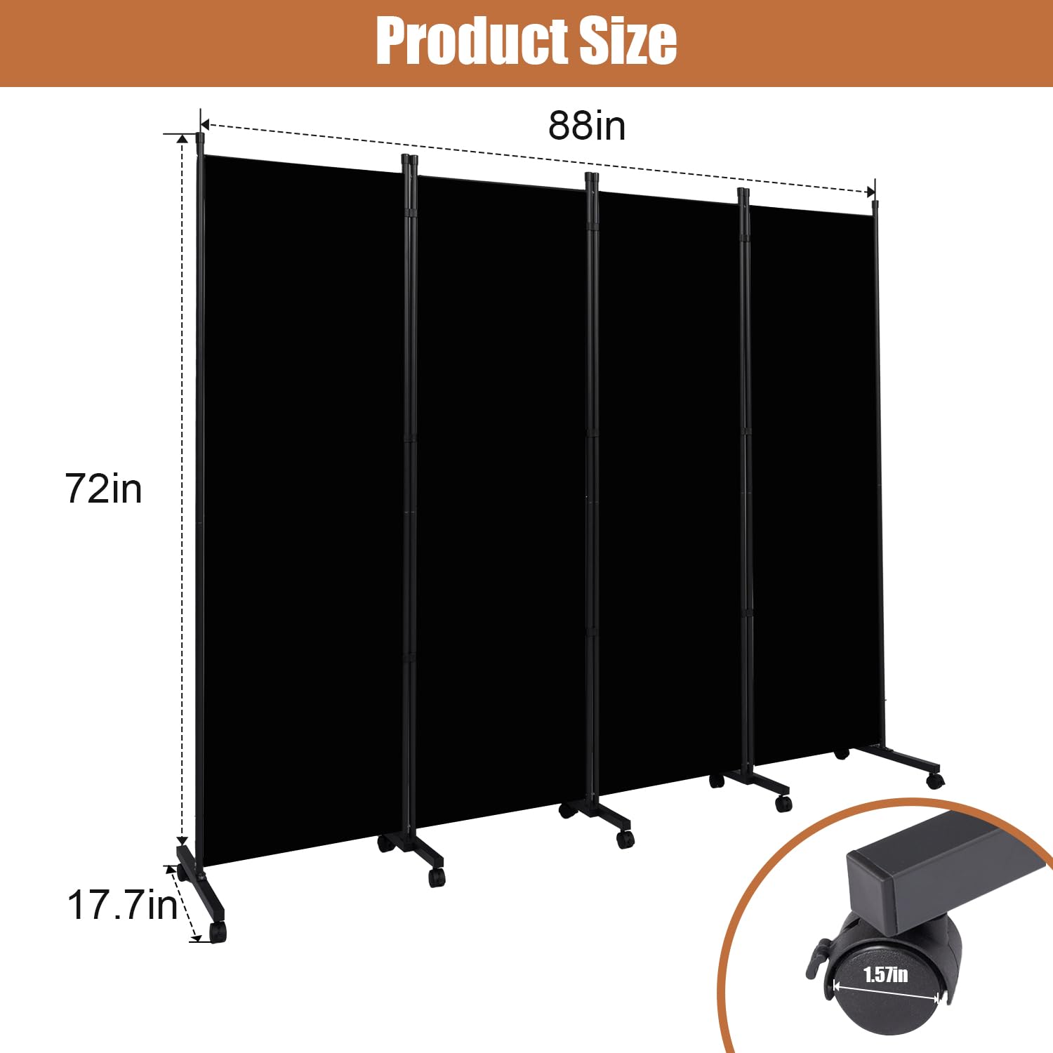 Room Divider Portable 88'' Partition Room Dividers and Folding Privacy Screens 4 Panel Wall Divider for Room Separation, Freestanding Fabric Room Divider Panel with Wheels for Home Office Hospital