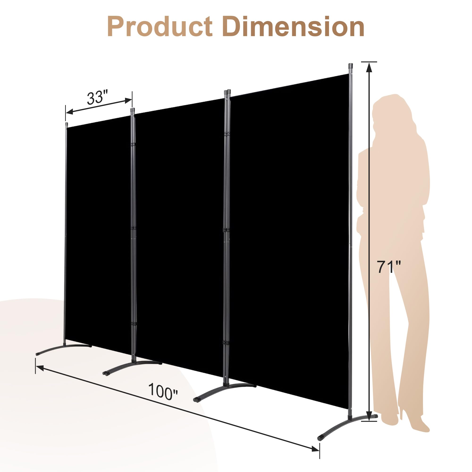 Grezone Large Folding Panel Portable Stand Room dividers Privacy Screen for Bedroom Dining Room Screens Curtains Partition Home Office Dorm Separation (Black, Three Panel)