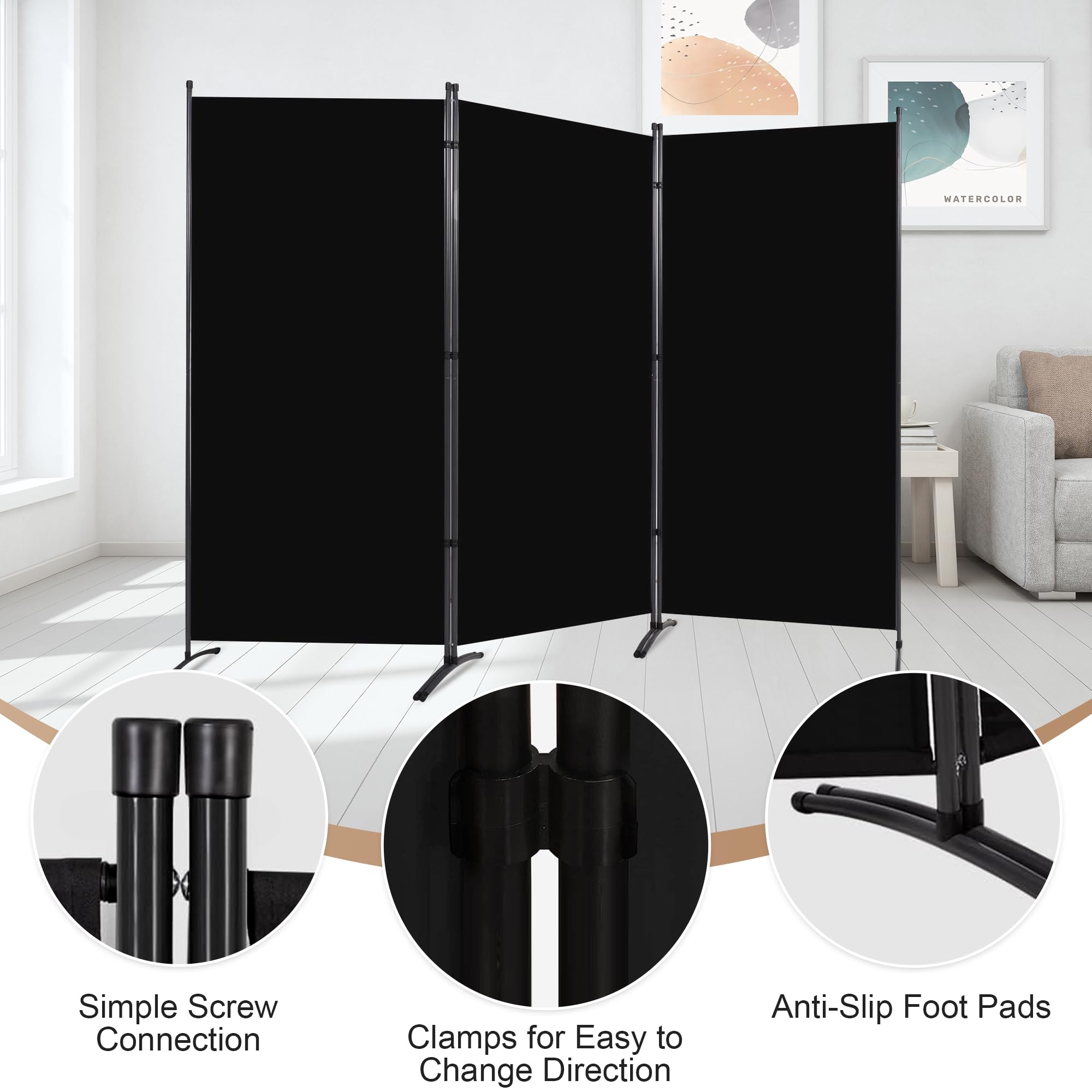 Grezone Large Folding Panel Portable Stand Room dividers Privacy Screen for Bedroom Dining Room Screens Curtains Partition Home Office Dorm Separation (Black, Three Panel)