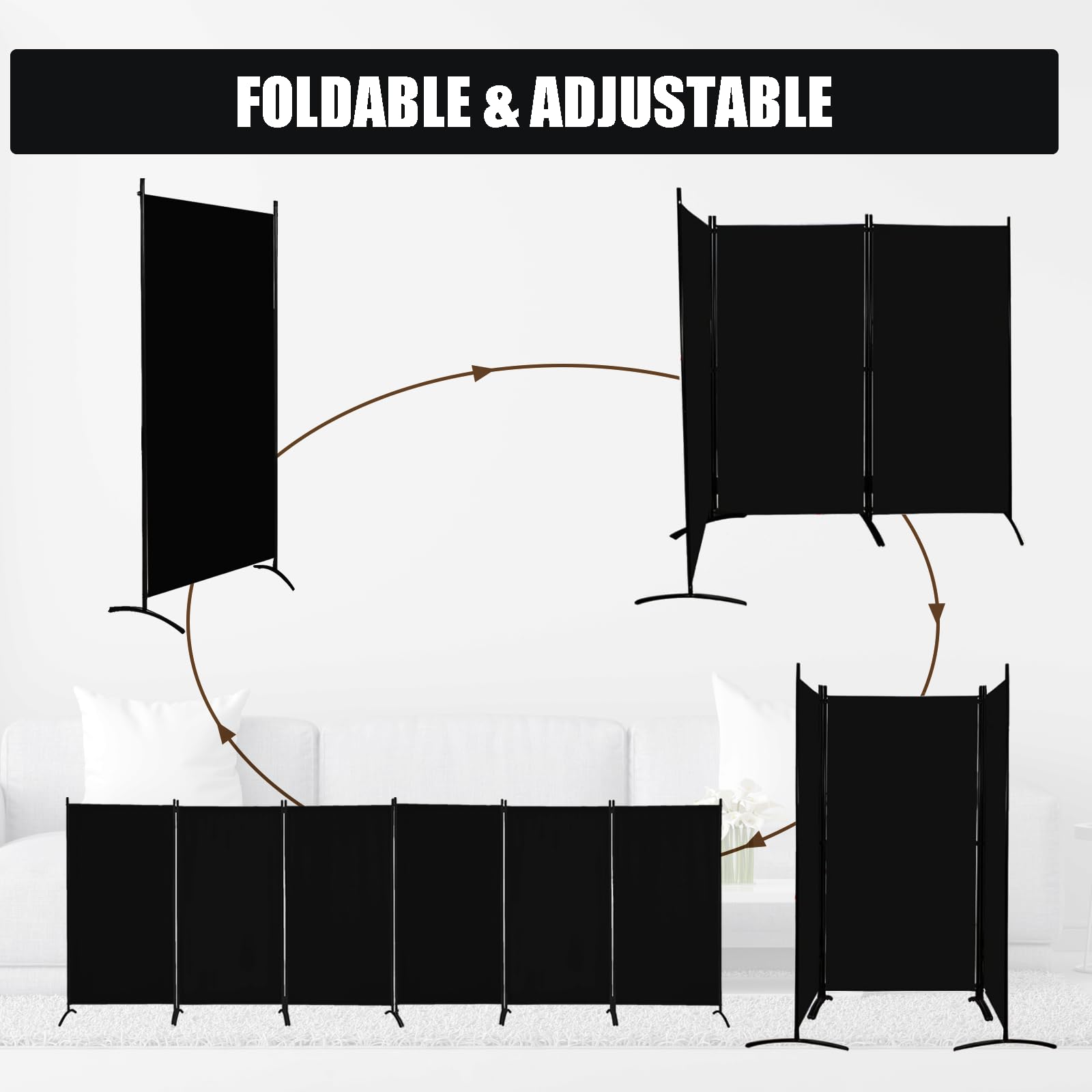 Room Divider-6 Panels Black Folding Privacy Screens, 6 ft Partition Room Dividers Wall for Separation, Home, Office, Classroom, Studio