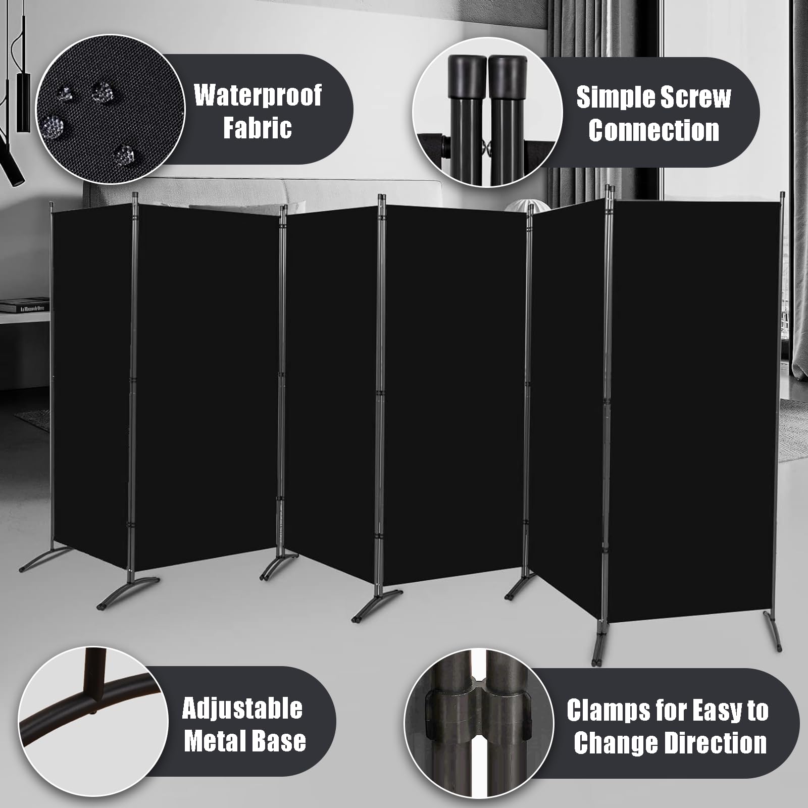 Room Divider-6 Panels Black Folding Privacy Screens, 6 ft Partition Room Dividers Wall for Separation, Home, Office, Classroom, Studio