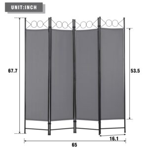 4 Panel Room Divider 6FT Steel Frame Screen Folding Privacy Divider Freestanding Partition for Home Office Bedroom,Grey