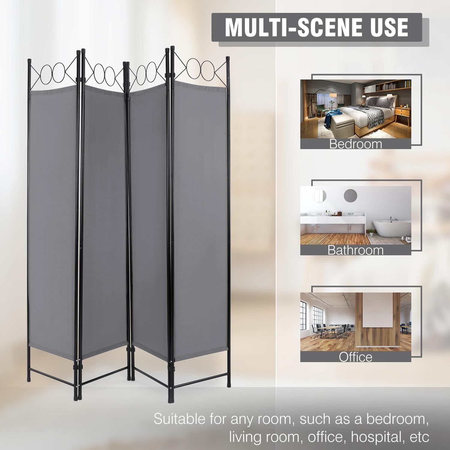 4 Panel Room Divider 6FT Steel Frame Screen Folding Privacy Divider Freestanding Partition for Home Office Bedroom,Grey