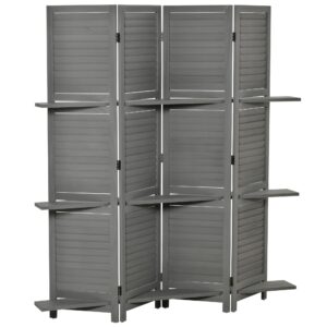 homcom 4 panel 67" tall wood privacy screen room divider with 3 display shelves, and folding storage for bedroom or home office, grey