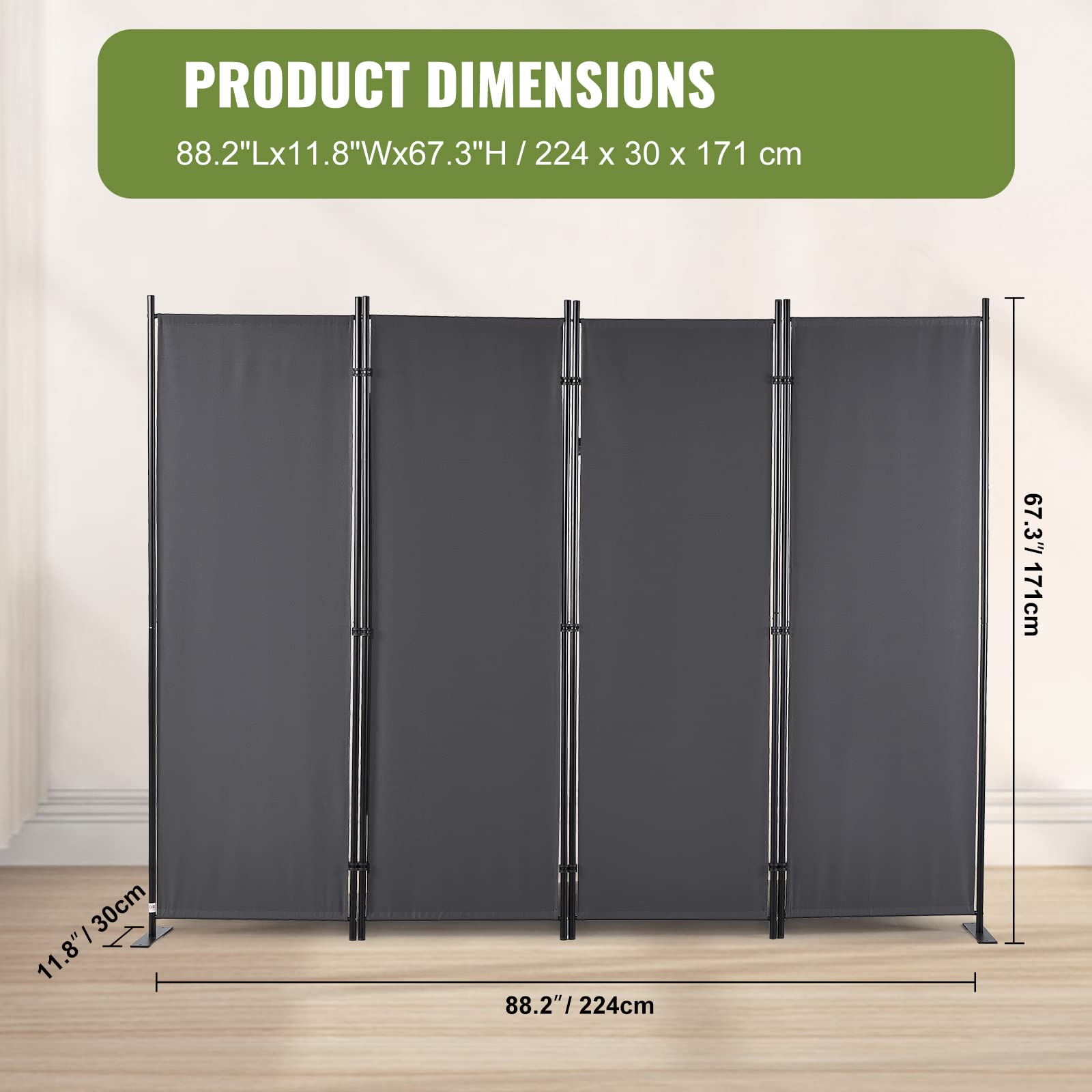 VEVOR Room Divider, 5.6 ft Room Dividers and Folding Privacy Screens (4-Panel), Fabric Partition Room Dividers for Office, Bedroom, Dining Room, Study, Freestanding, Dark Grey