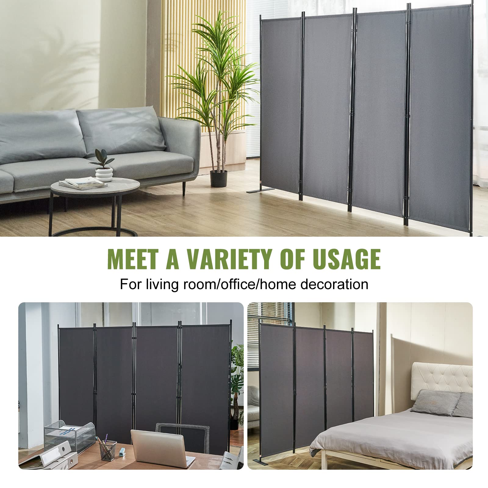 VEVOR Room Divider, 5.6 ft Room Dividers and Folding Privacy Screens (4-Panel), Fabric Partition Room Dividers for Office, Bedroom, Dining Room, Study, Freestanding, Dark Grey