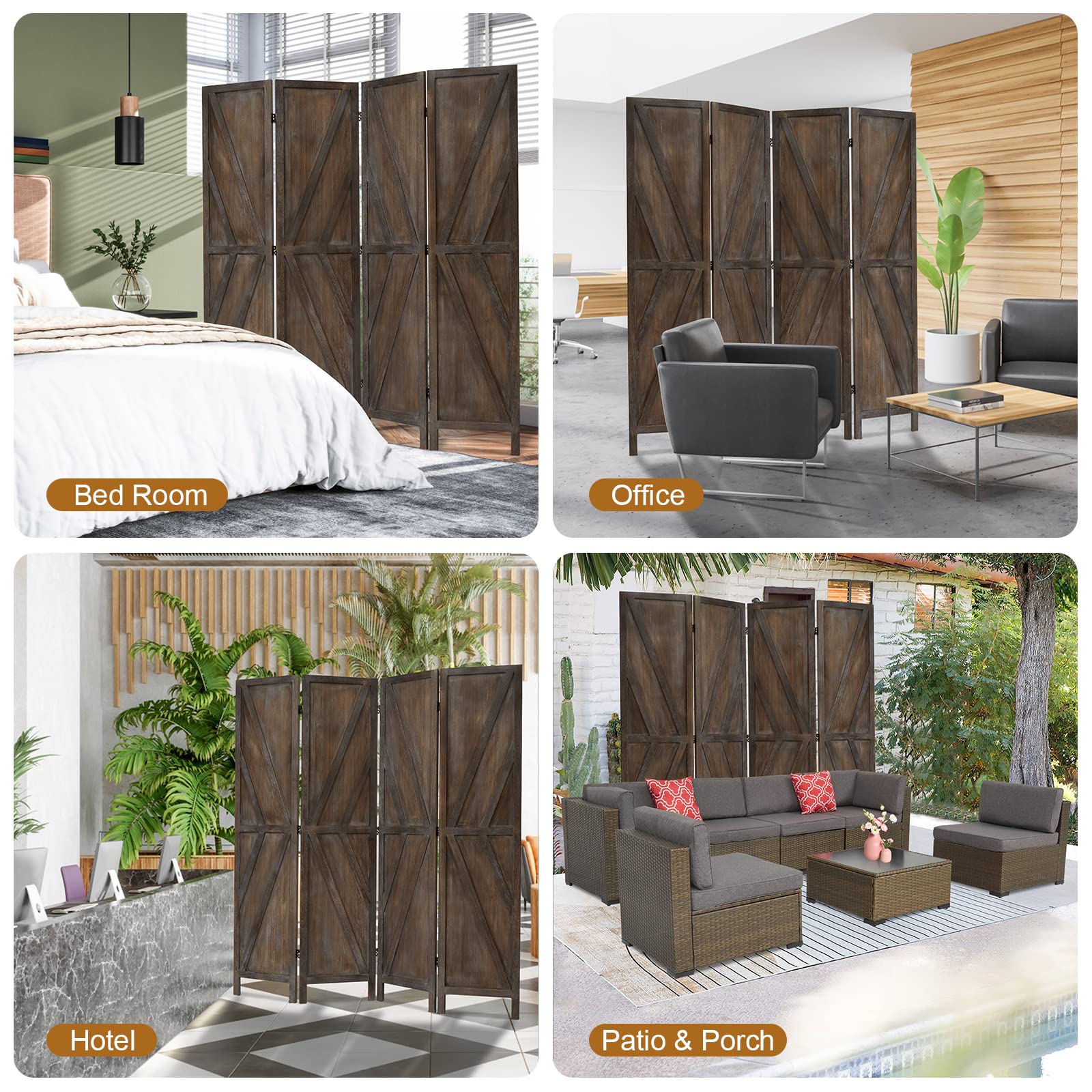 Kinfant 4 Panels Room Divider - 6 Ft Folding Privacy Screen Freestanding Room Divider, Outdoor Portable Privacy Divider for Office, Home, Brown