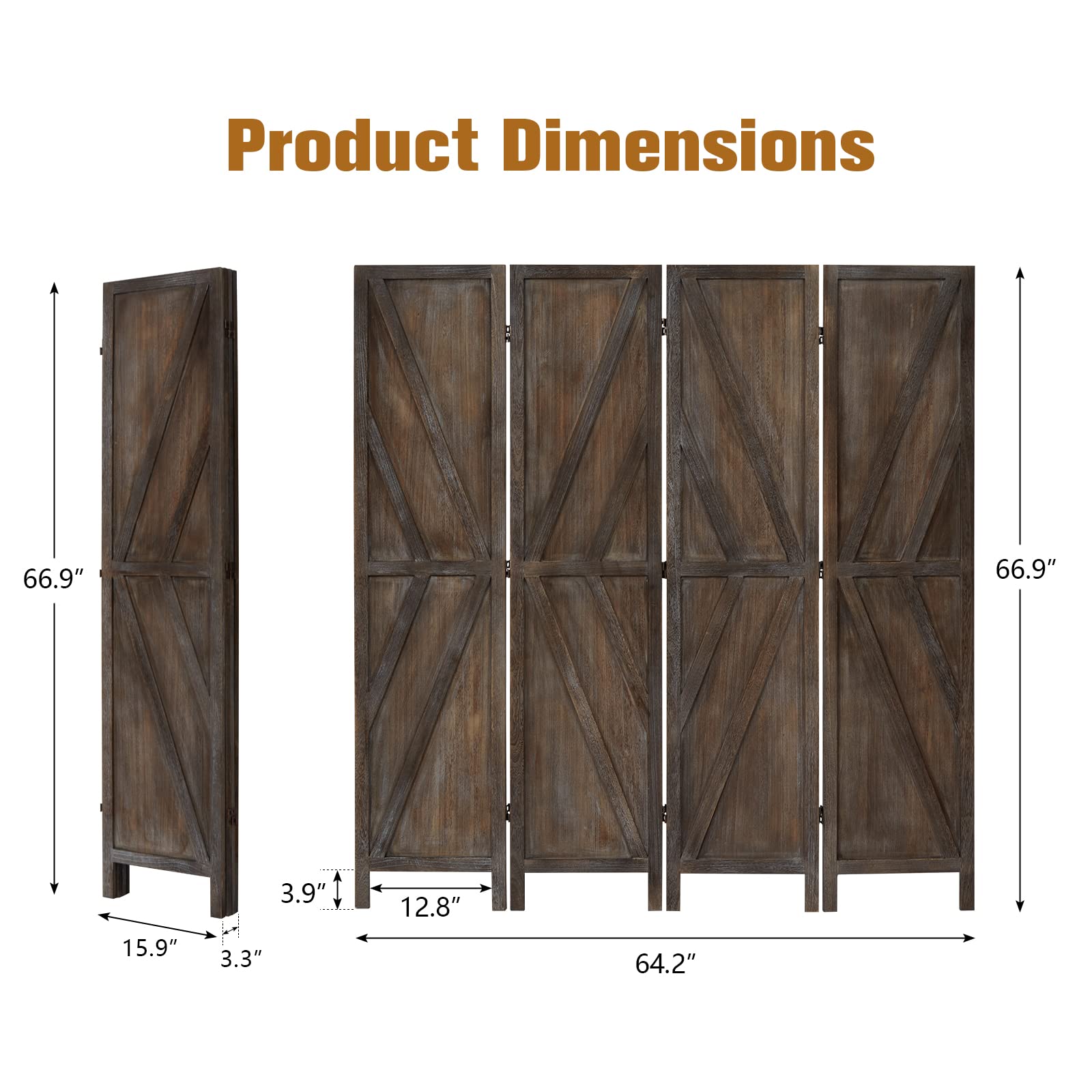 Kinfant 4 Panels Room Divider - 6 Ft Folding Privacy Screen Freestanding Room Divider, Outdoor Portable Privacy Divider for Office, Home, Brown