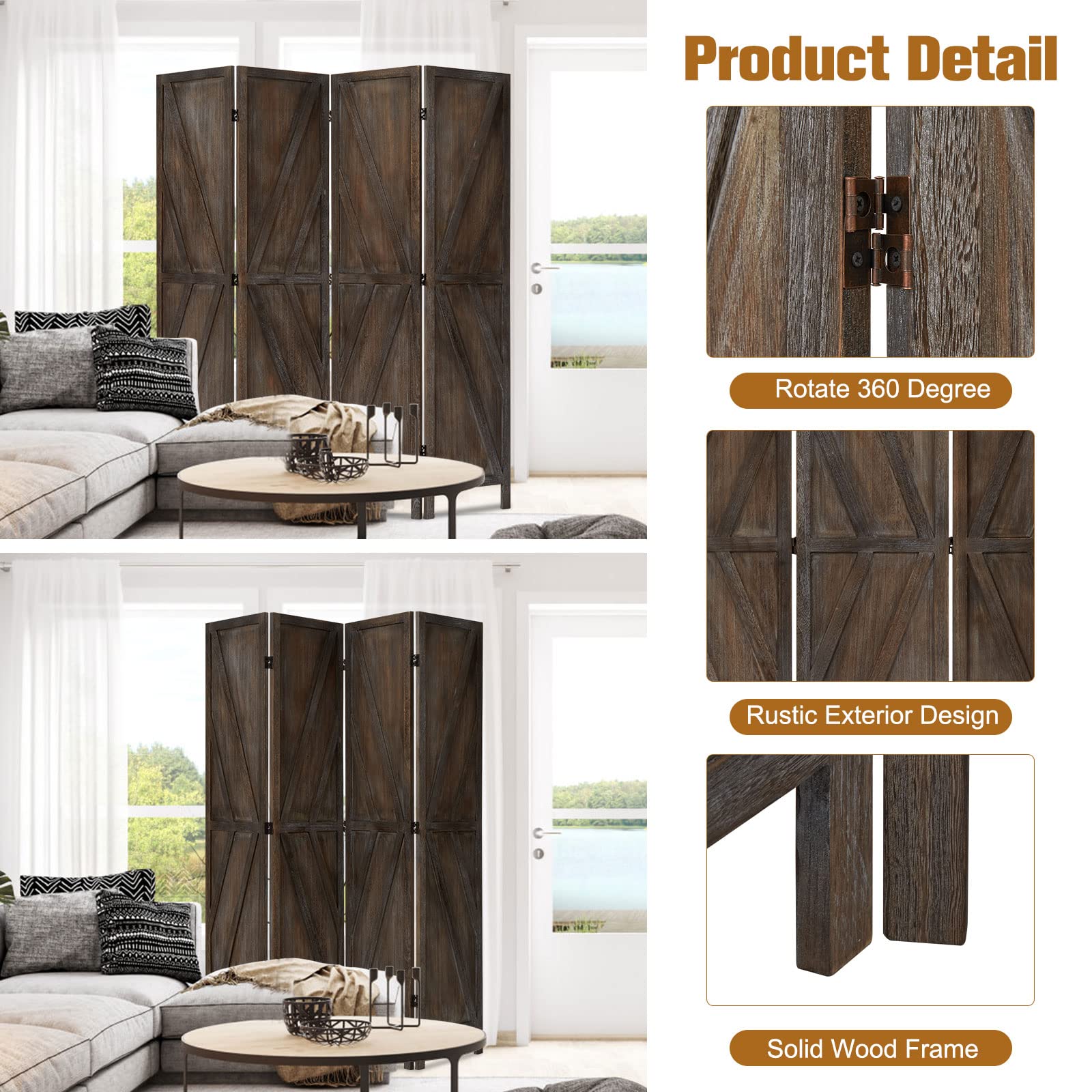 Kinfant 4 Panels Room Divider - 6 Ft Folding Privacy Screen Freestanding Room Divider, Outdoor Portable Privacy Divider for Office, Home, Brown