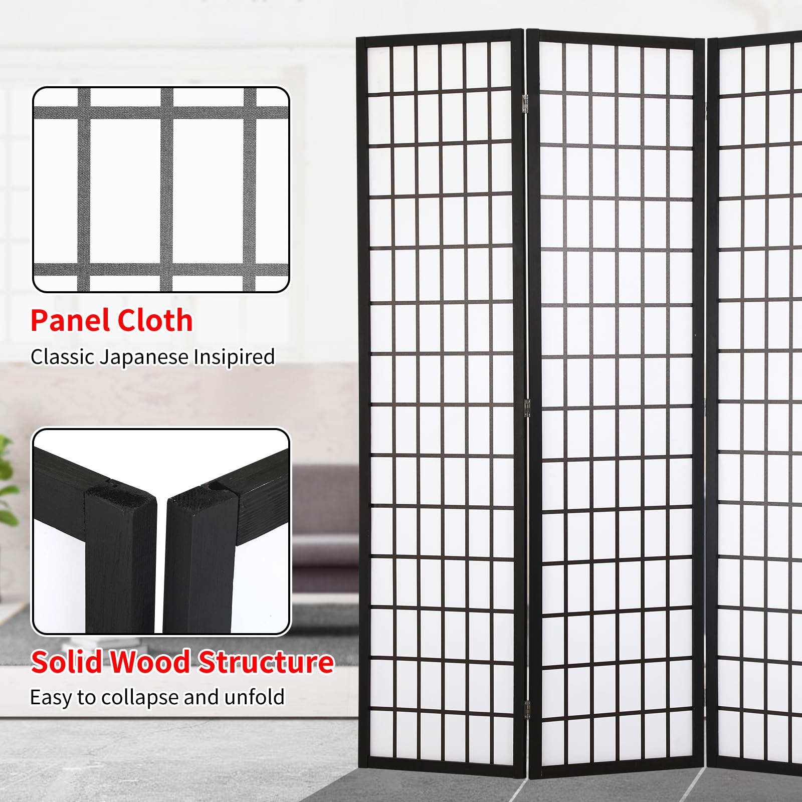 BLKMTY Room Divider 6ft Folding Privacy Divider 4 Panel Portable Room Seperating Modern Office Dividers Japanese Screen Wood Wall Divider Tall Freestanding Partition Screen for Bedroom, White