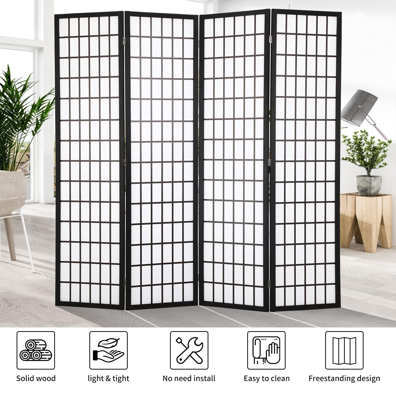 BLKMTY Room Divider 6ft Folding Privacy Divider 4 Panel Portable Room Seperating Modern Office Dividers Japanese Screen Wood Wall Divider Tall Freestanding Partition Screen for Bedroom, White