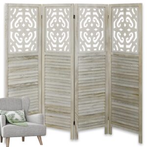 ECOMEX 4 Panel Carved Room Divider 5.6Ft Wood Folding Screens Room Dividers Screen for Bedroom Office Restaurant, Rustic White