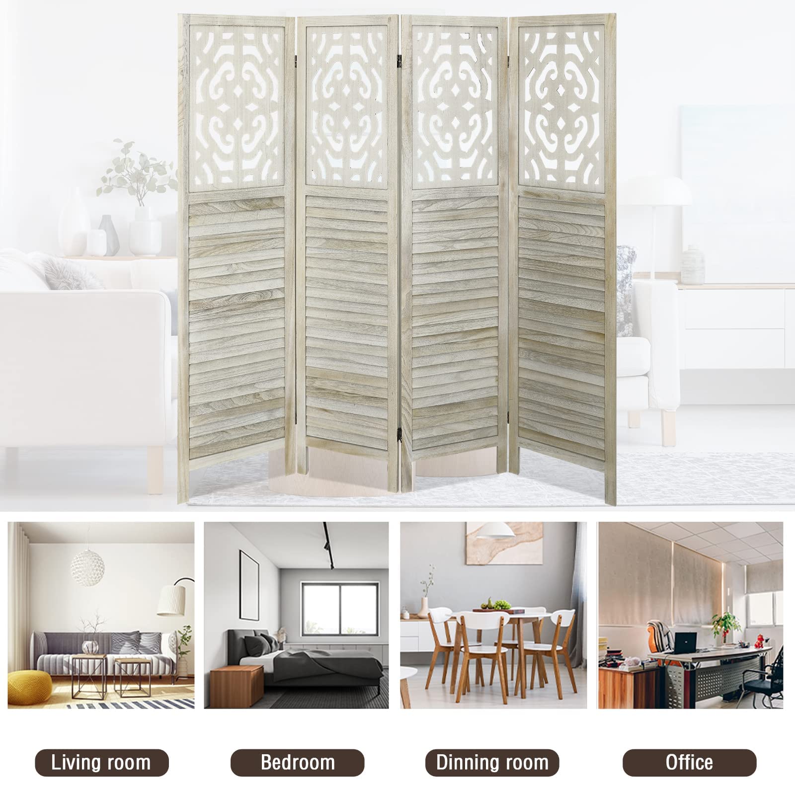 ECOMEX 4 Panel Carved Room Divider 5.6Ft Wood Folding Screens Room Dividers Screen for Bedroom Office Restaurant, Rustic White