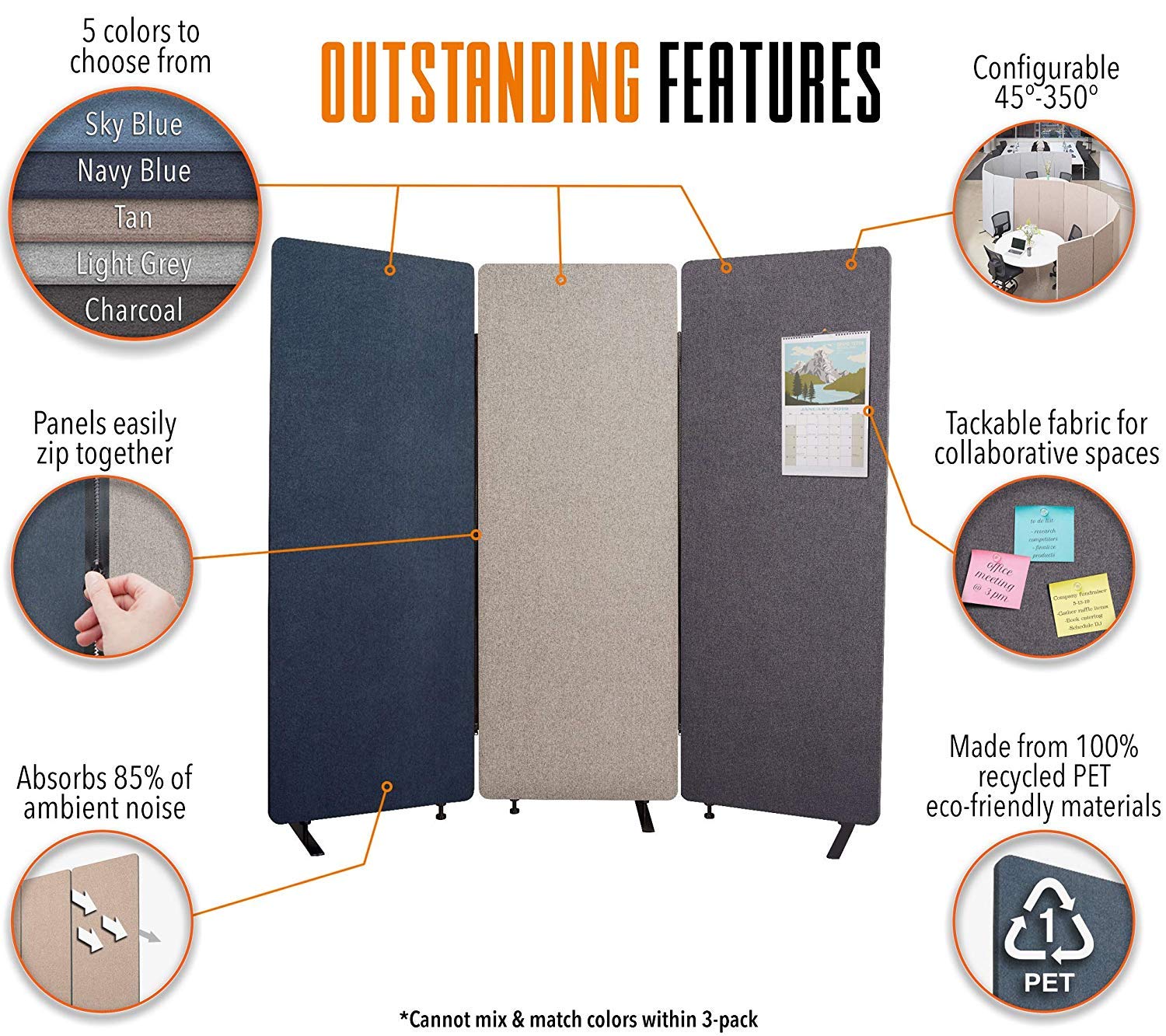 Stand Steady ZipPanels Office Partition | Room Dividers | Three Zip Together Panels Provide Privacy and Reduce Ambient Noise in Workspace, Classroom and Healthcare Facilities (Light Gray / 3 Panels)