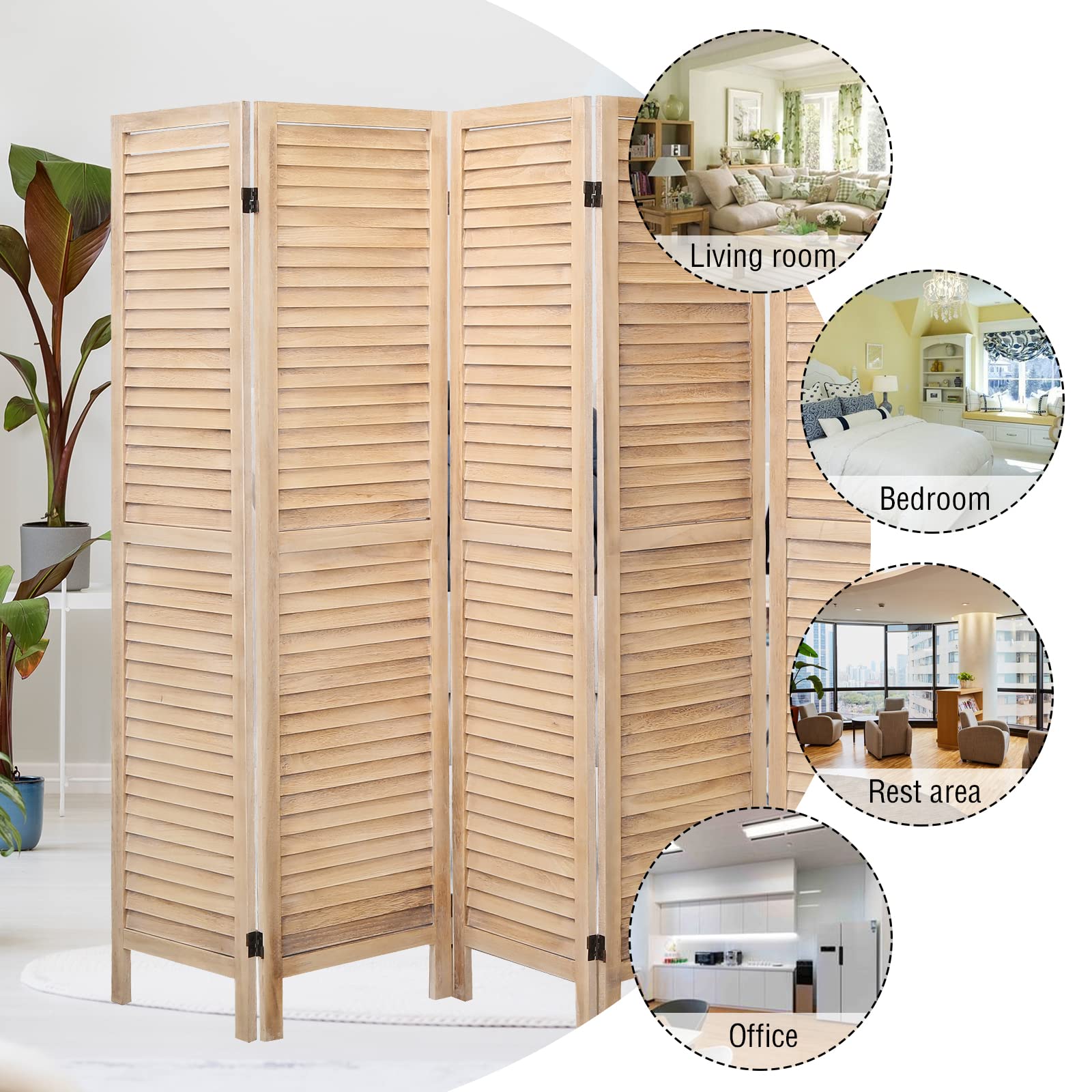 ECOMEX 6 Panel Wood Room Divider, Folding Room Divider Privacy Screen 5.6Ft Tall, Freestanding Louvered Divider Screen for Home Office Restaurant Bedroom(Cream)