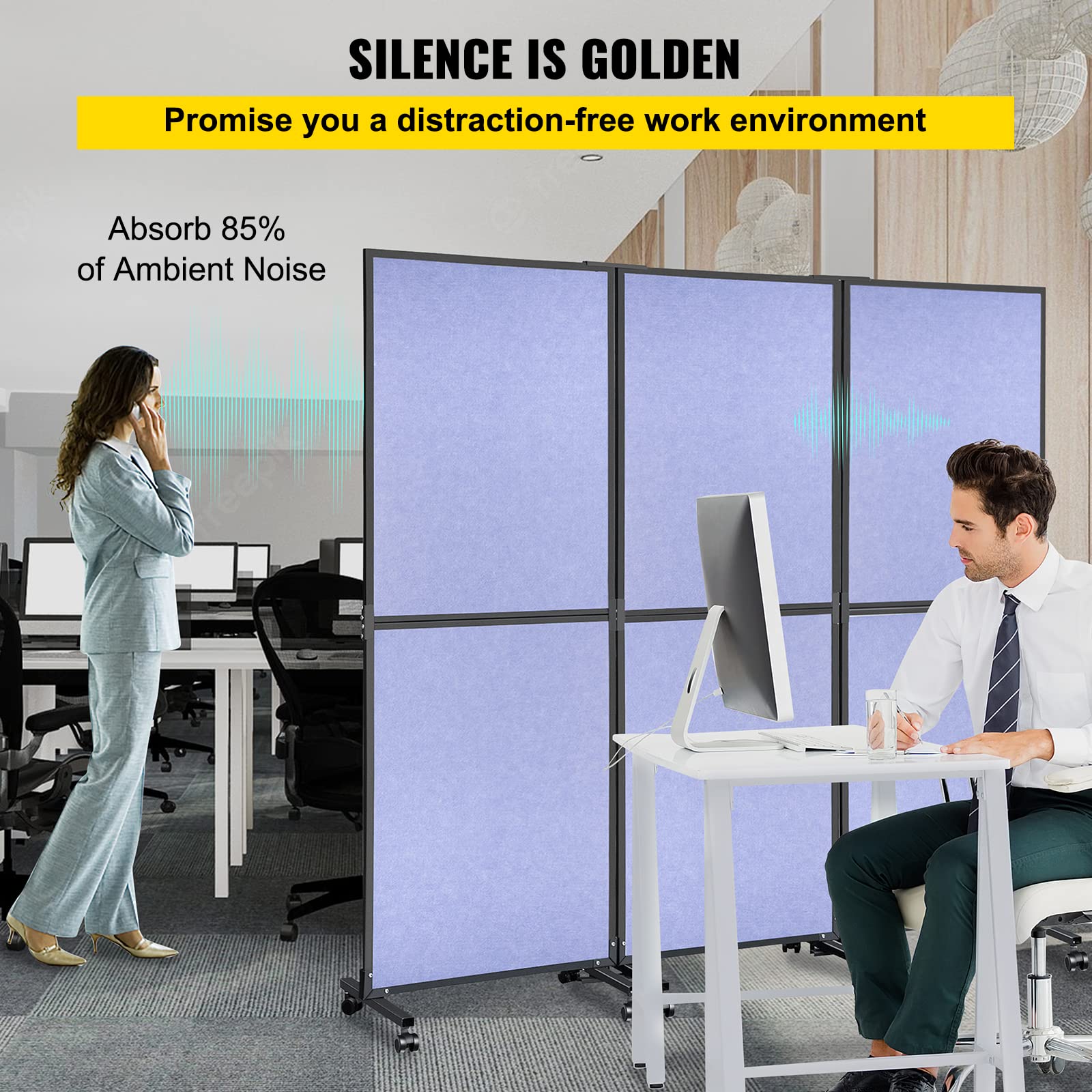 VEVOR Room Divider, 5.5 ft Room Dividers and Folding Privacy Screens, Partition Room Dividers 3 Panels, Portable Office Walls Dividers, Acoustic Room Divider (Steel Blue) for Office, Library, School