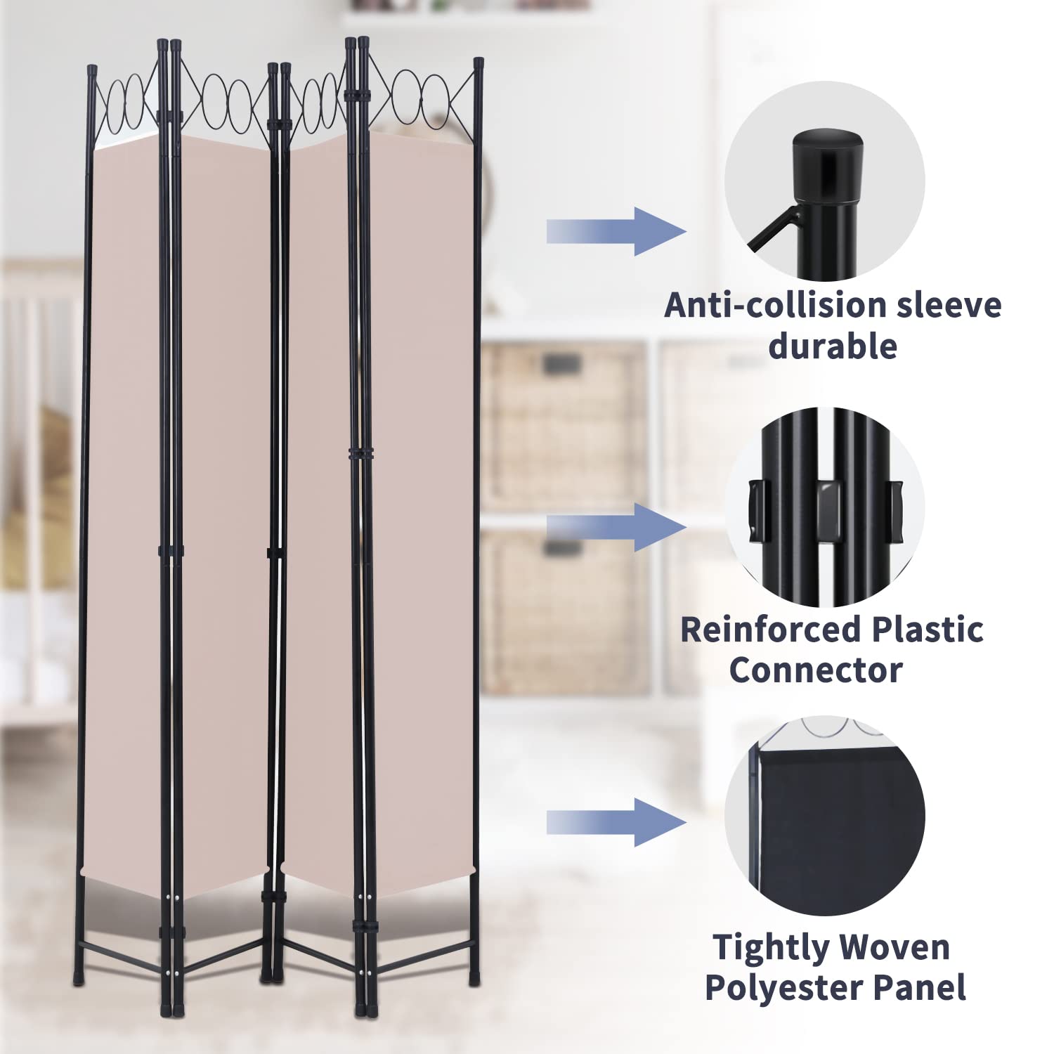 Room Divider 4 Panels 6FT Room Divider Wall Folding Privacy Screens with Steel Frame Freestanding Partition for Home Office Bedroom,Tan