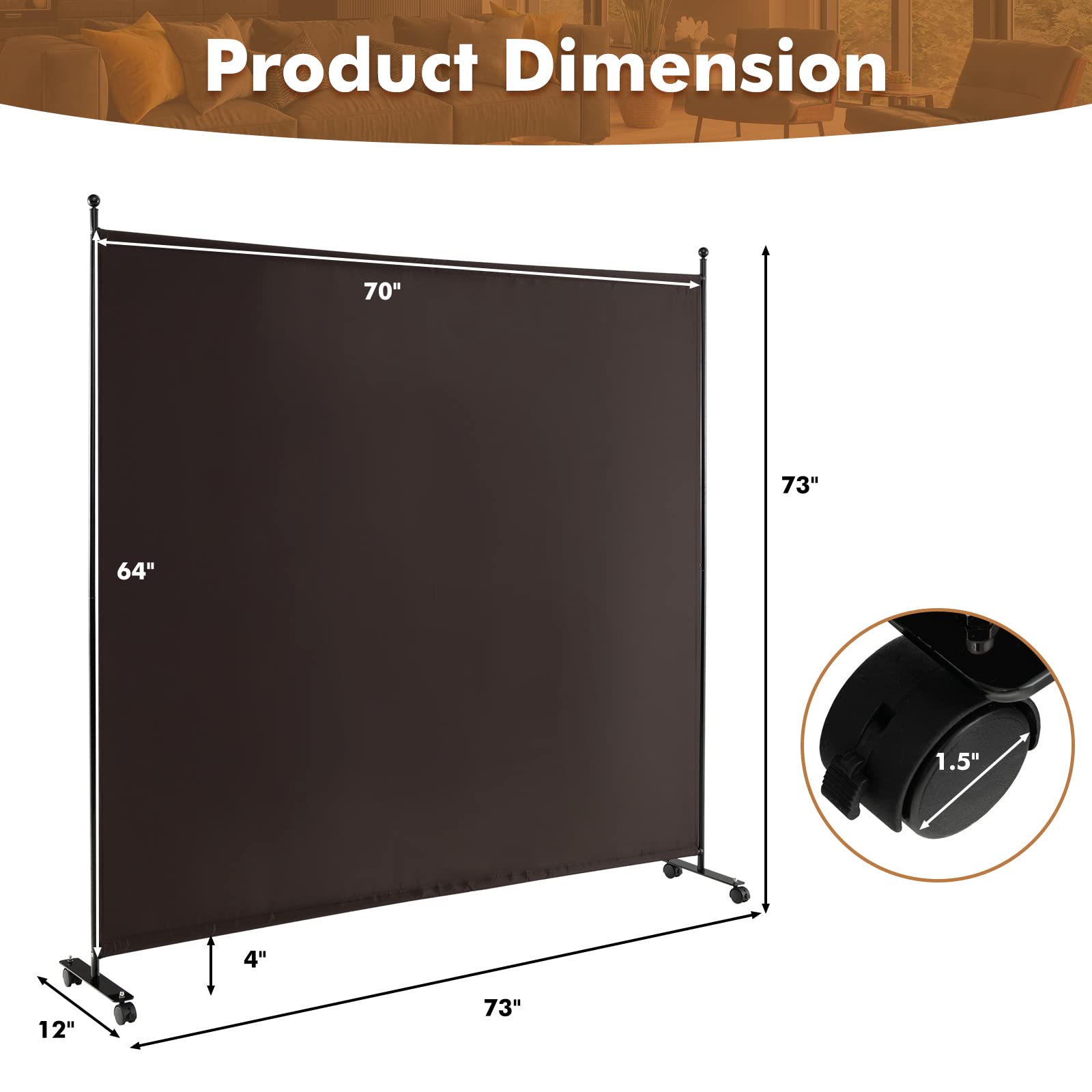 Giantex Room Divider Large Single Panel, 73''W x 73''H Privacy Screen with Lockable Wheels, Rolling Room Divider Panel for Home Office Studio, Partition Fabric Wall Divider for Room Separation, Brown