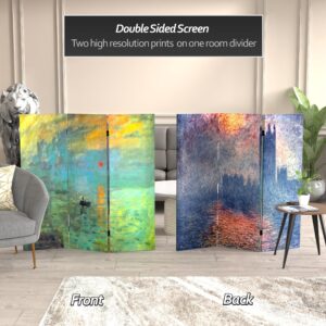 Red Lantern Double Sided Works of Monet Canvas Impression Sunrise/Houses of Parliament Folding Screen, 4 ft Short - 3 Panel, Multicolor