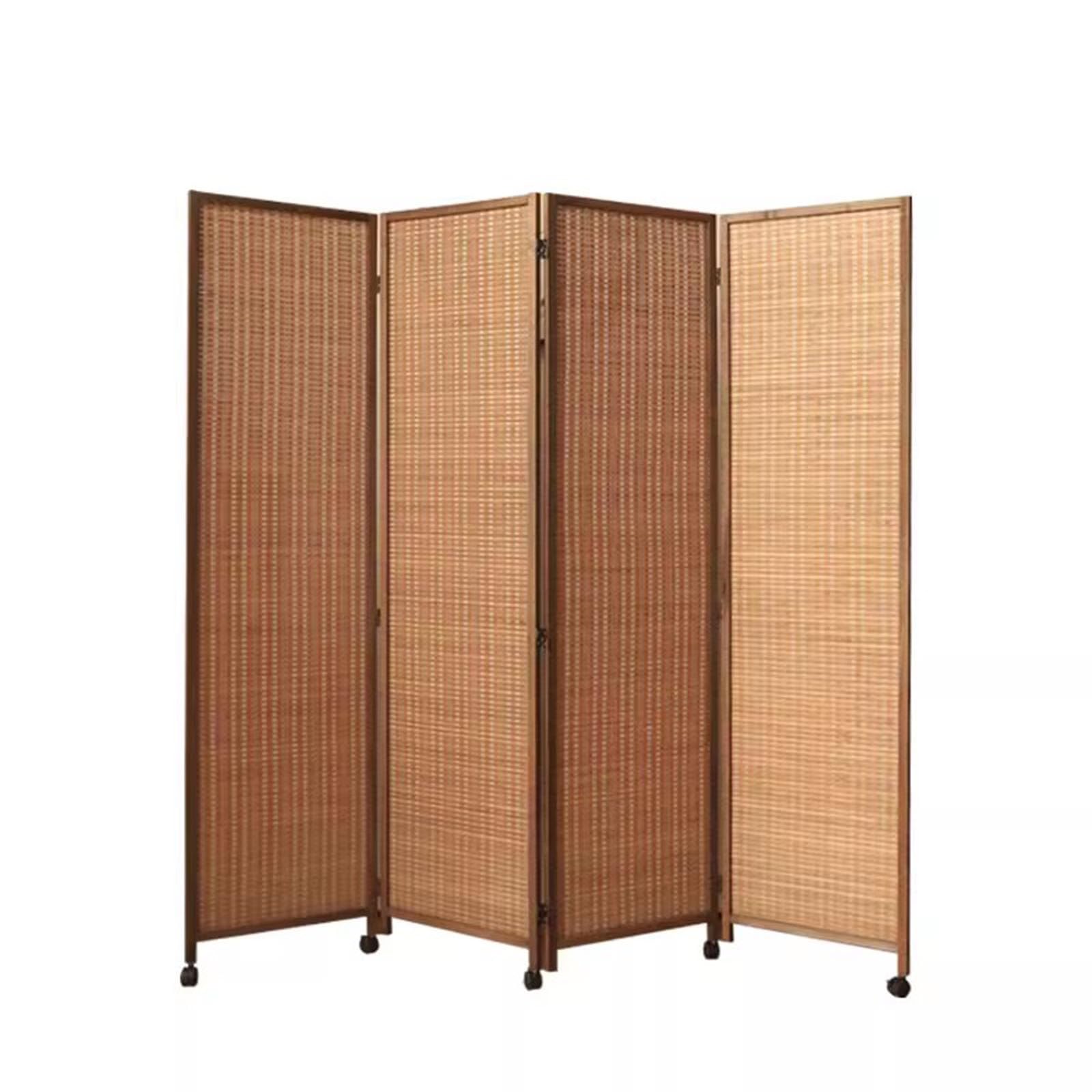 Bamboo Room Divider 4 Panel, Freestanding & Folding Privacy Screen with Swivel Casters, Office Weave Fiber Partition Wall Panels (Color : Brown, Size : Tall 170cm/67 in)