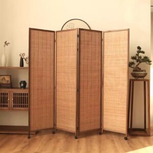 Bamboo Room Divider 4 Panel, Freestanding & Folding Privacy Screen with Swivel Casters, Office Weave Fiber Partition Wall Panels (Color : Brown, Size : Tall 170cm/67 in)