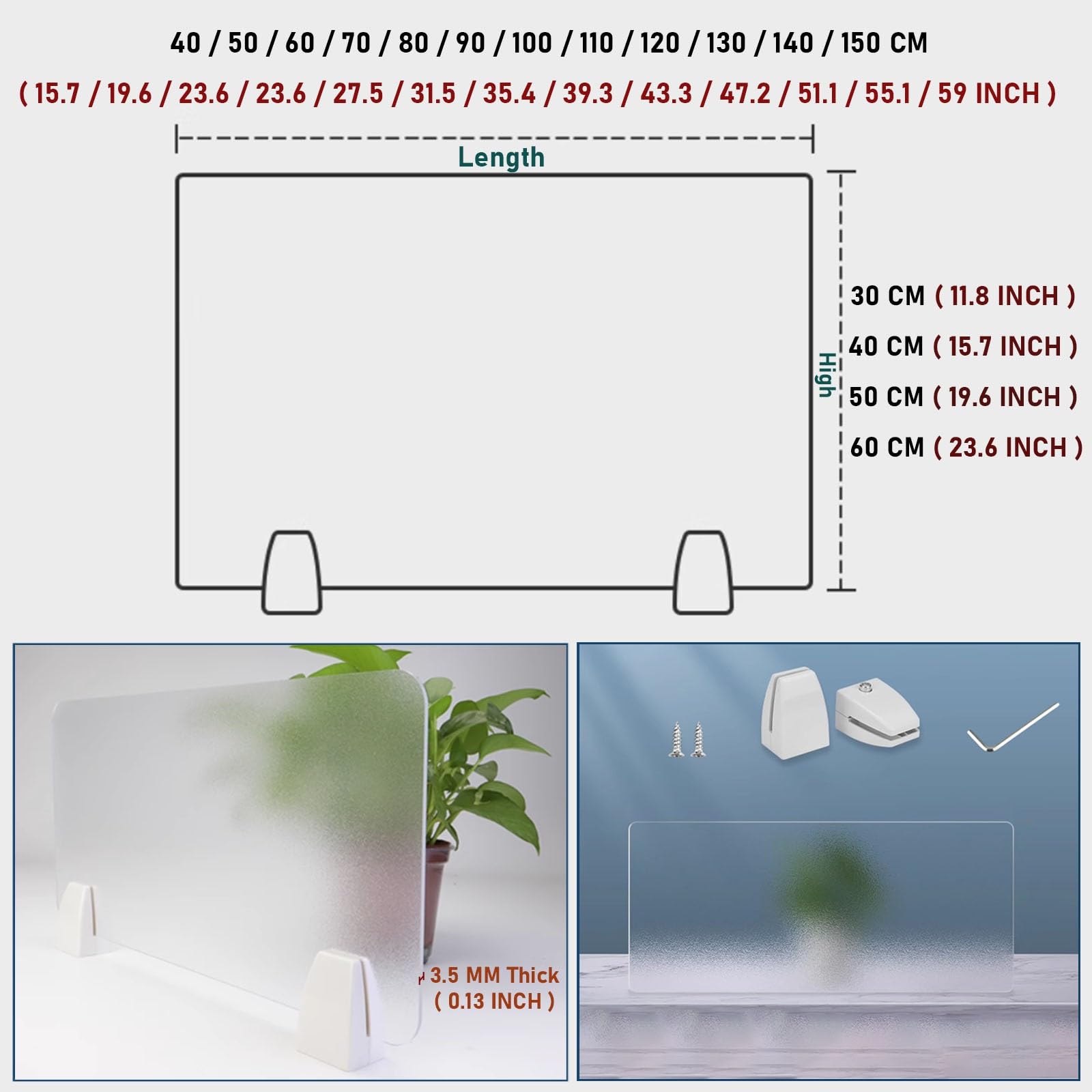 Frosted Translucent Acrylic Desk Divider Privacy Panel for Office Students, 30 40 cm Tall Table Partition Screen with Desktop Mounting Clamp, Canteen Sneeze Guard ( Color : Frosted , Size : 60x50cm/23