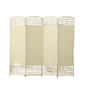 modern room divider panels，4 panel folding wooden privacy screen, freestanding partition screens for bedroom living room office (top and bottom hollowed out milky white,66.9 * 15.7 in)