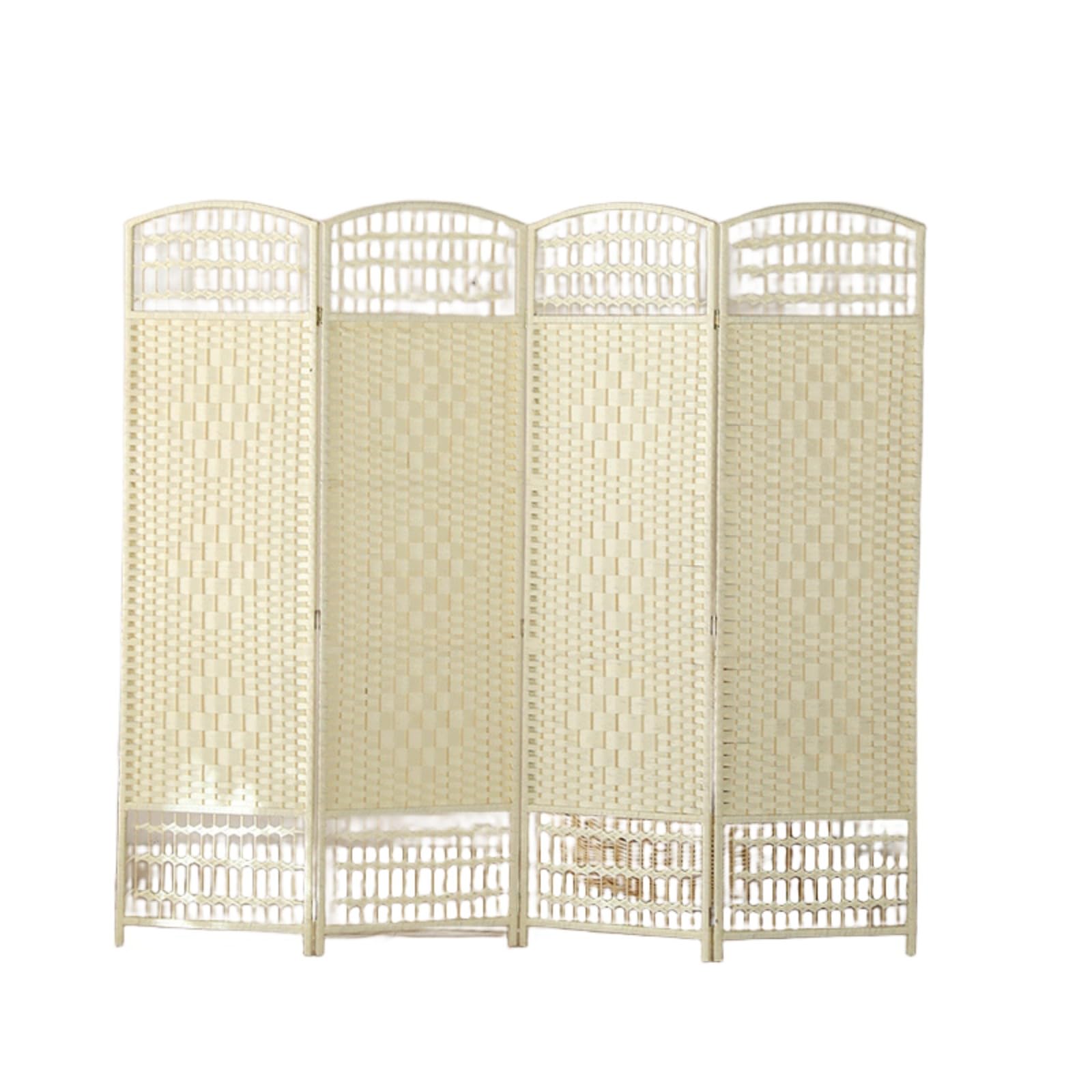 Modern Room Divider Panels，4 Panel Folding Wooden Privacy Screen, Freestanding Partition Screens for Bedroom Living Room Office (Top and Bottom Hollowed Out Milky White,66.9 * 15.7 in)