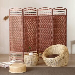 Modern Room Divider Panels，4 Panel Folding Wooden Privacy Screen, Freestanding Partition Screens for Bedroom Living Room Office (Top and Bottom Hollowed Out Milky White,66.9 * 15.7 in)