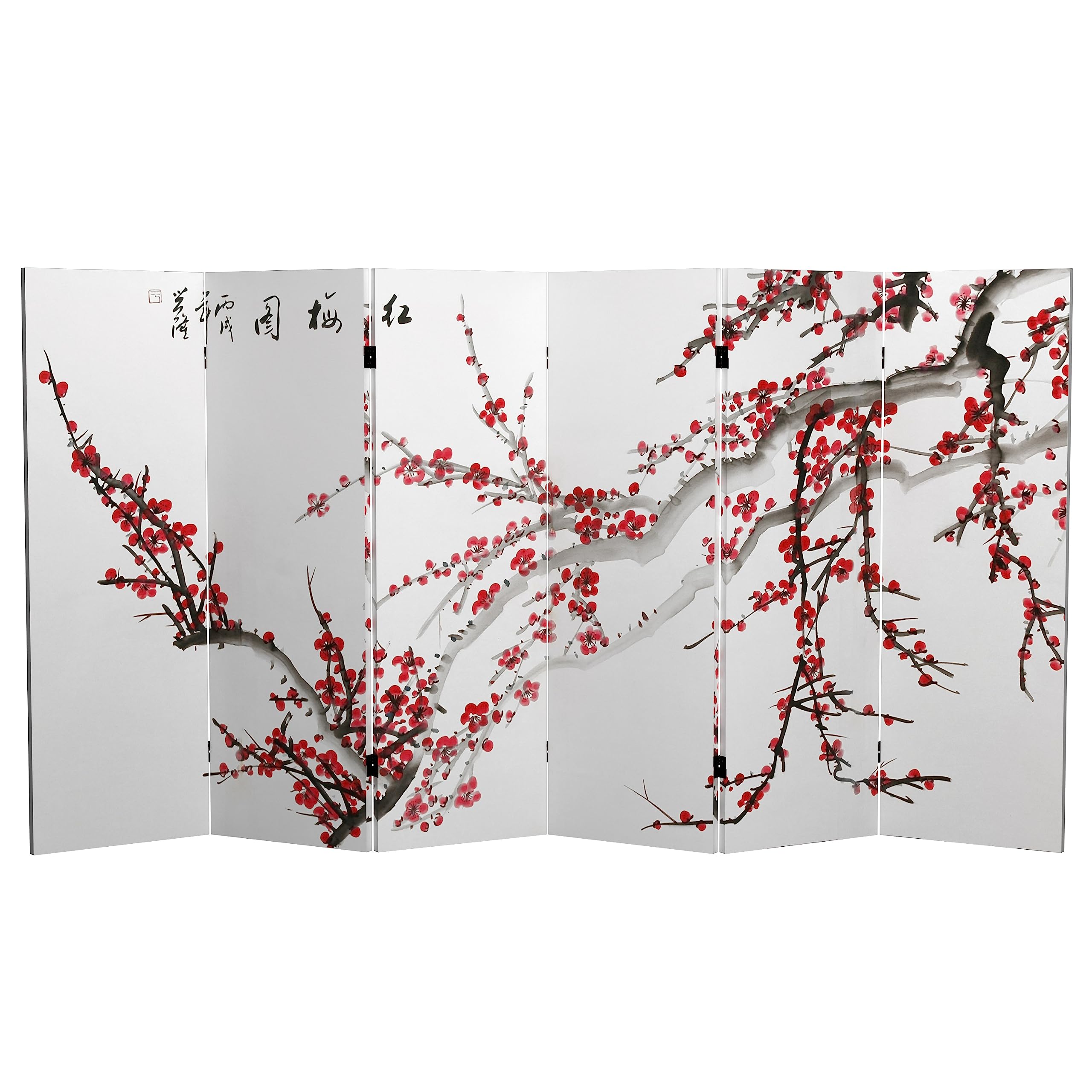 Red Lantern 4 ft. Short Double Sided Plum Blossom Canvas Folding Screen 6 Panel Freestanding Partition and Separator for Modern and Contemporary Bedroom, Home Office, Studio, Dorm, Apartment