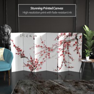 Red Lantern 4 ft. Short Double Sided Plum Blossom Canvas Folding Screen 6 Panel Freestanding Partition and Separator for Modern and Contemporary Bedroom, Home Office, Studio, Dorm, Apartment