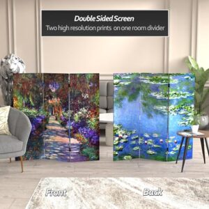 Red Lantern 4 ft. Short Double Sided Works of Monet Canvas Lilies/Garden at Giverny Folding Screen, Multicolor