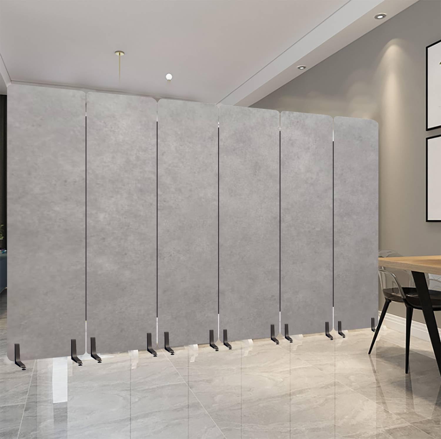 6 Panels Freestanding Acoustic Room Divider Grey Tone Color Cement Wall Concrete Texture Grunge Surface meterial Soundproof Privacy Screen Folding Sound Absorbing Partition Wall Divider for Office