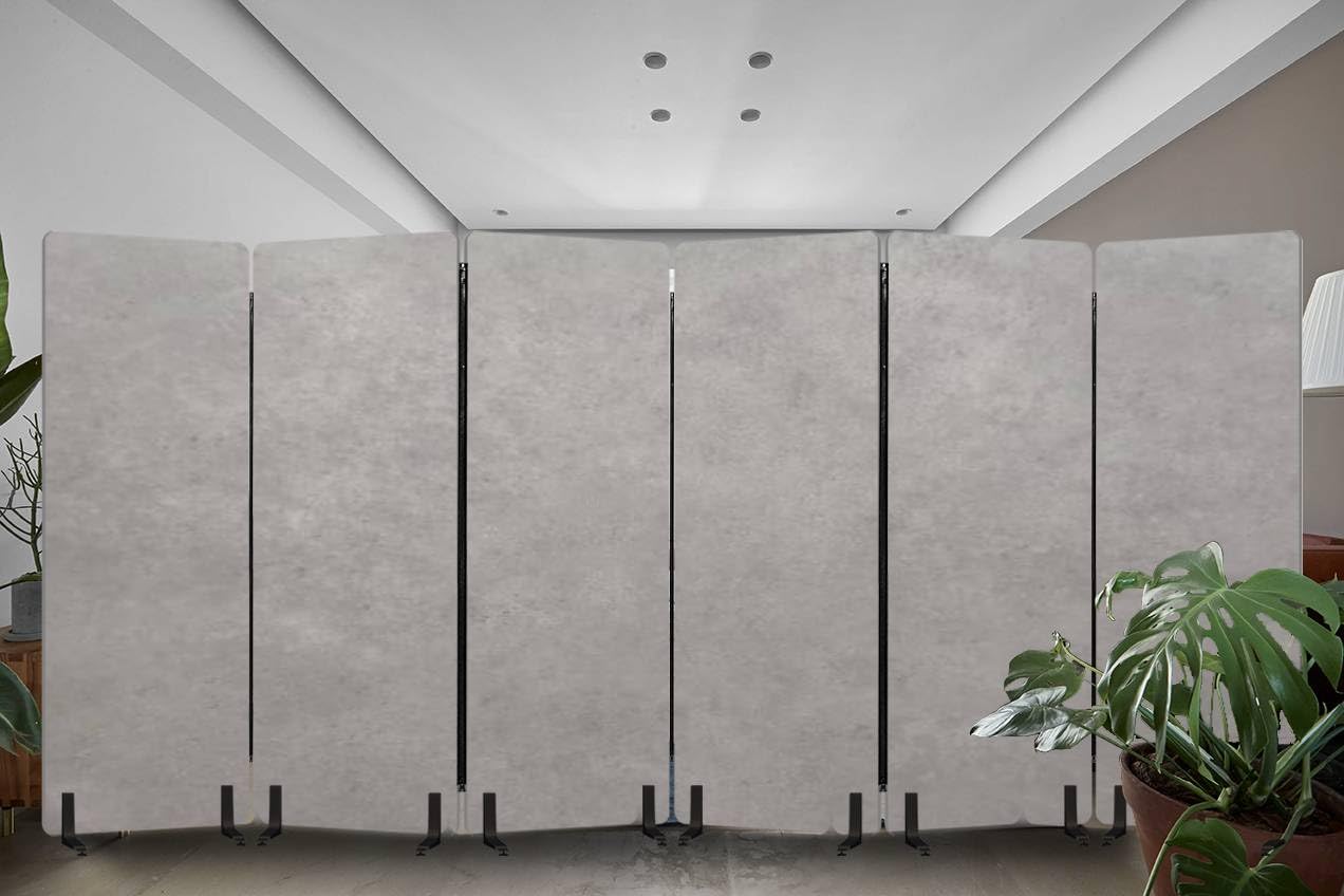 6 Panels Freestanding Acoustic Room Divider Grey Tone Color Cement Wall Concrete Texture Grunge Surface meterial Soundproof Privacy Screen Folding Sound Absorbing Partition Wall Divider for Office