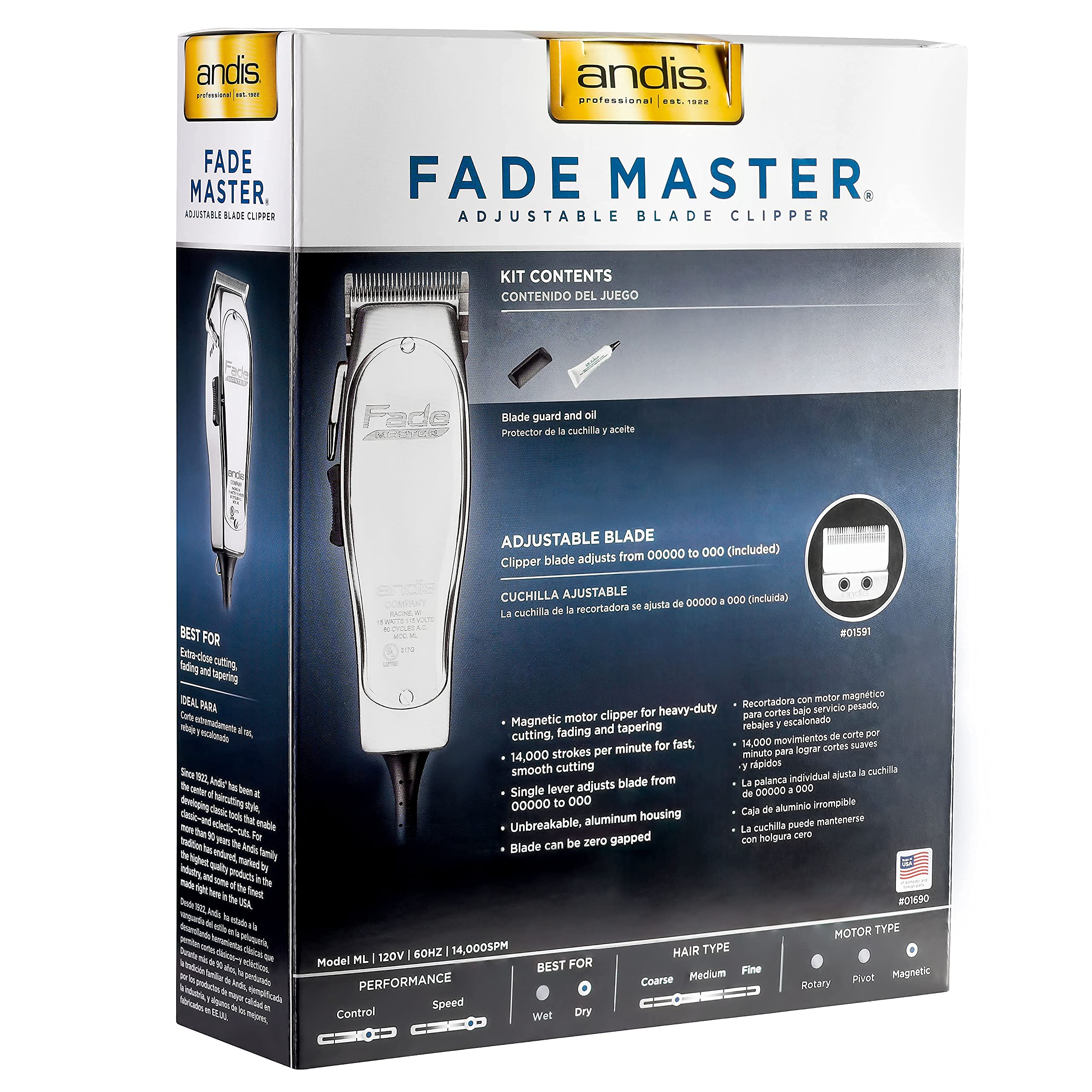 Andis Professional Fade Master Hair Clipper with Adjustable Fade Blade with a Andis Master Dual Magnet 5-Comb Set with a BeauWis Blade Brush