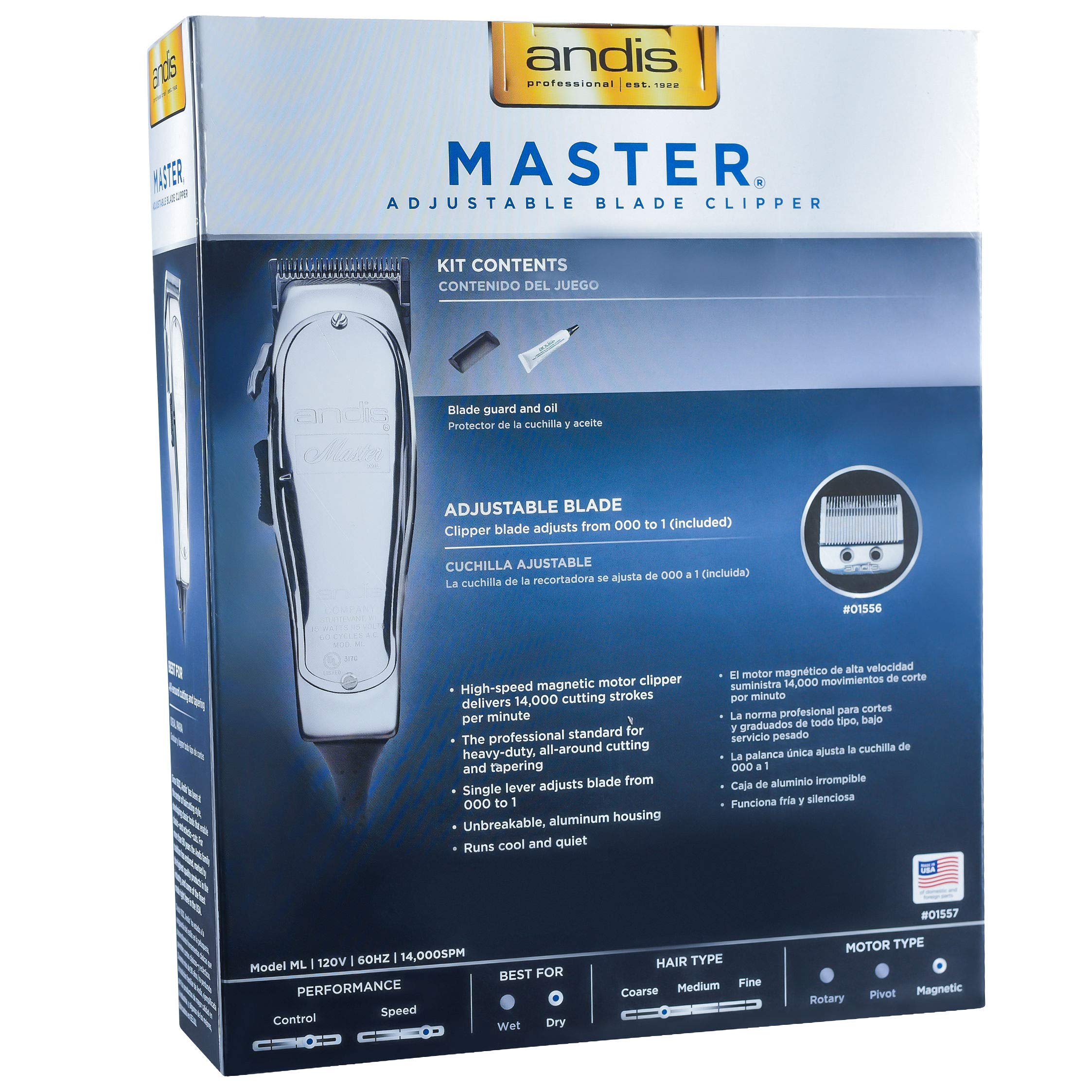 Andis Master Hair Adjustable Blade Clipper, Silver with a BeauWis Blade Brush