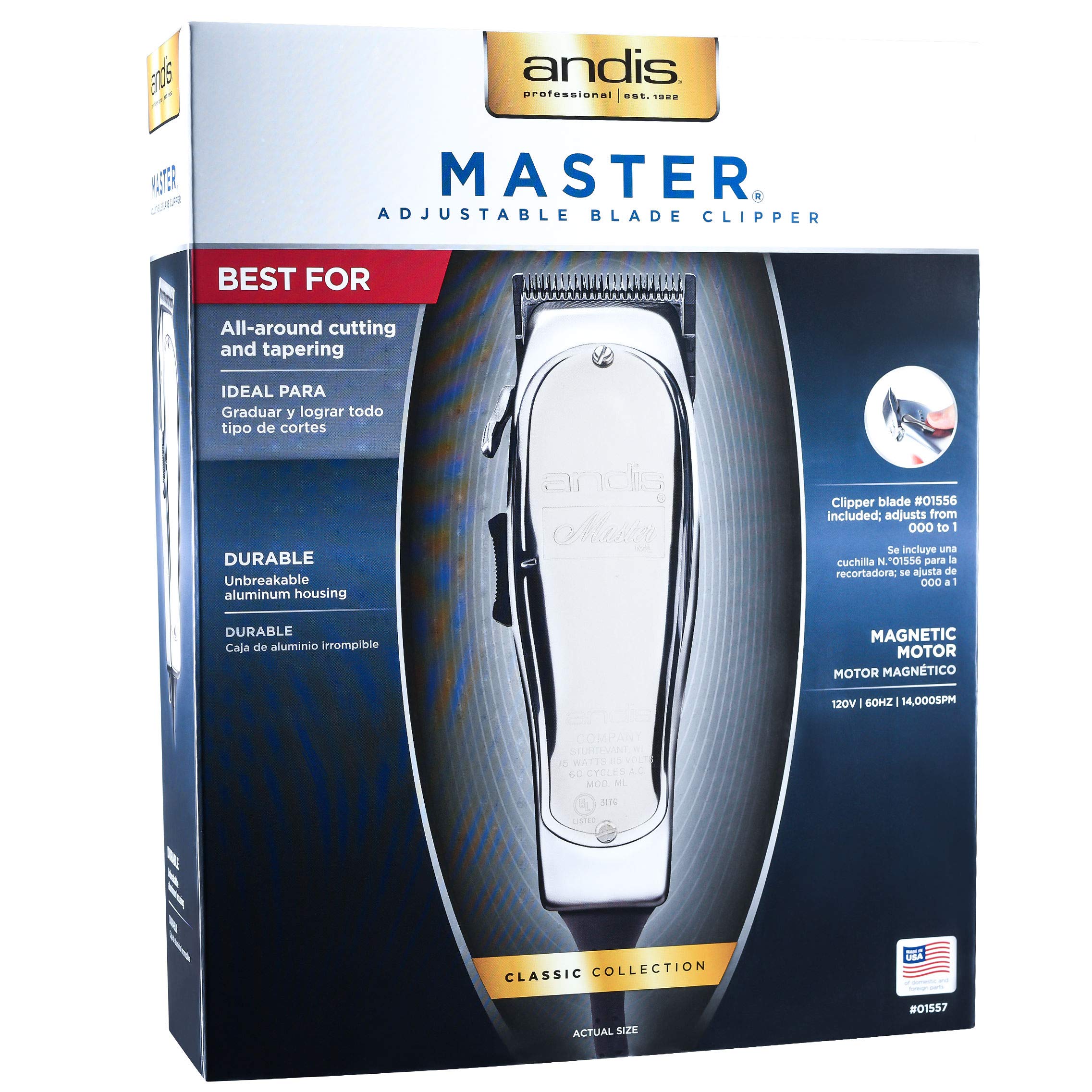 Andis Master Hair Adjustable Blade Clipper, Silver with a BeauWis Blade Brush